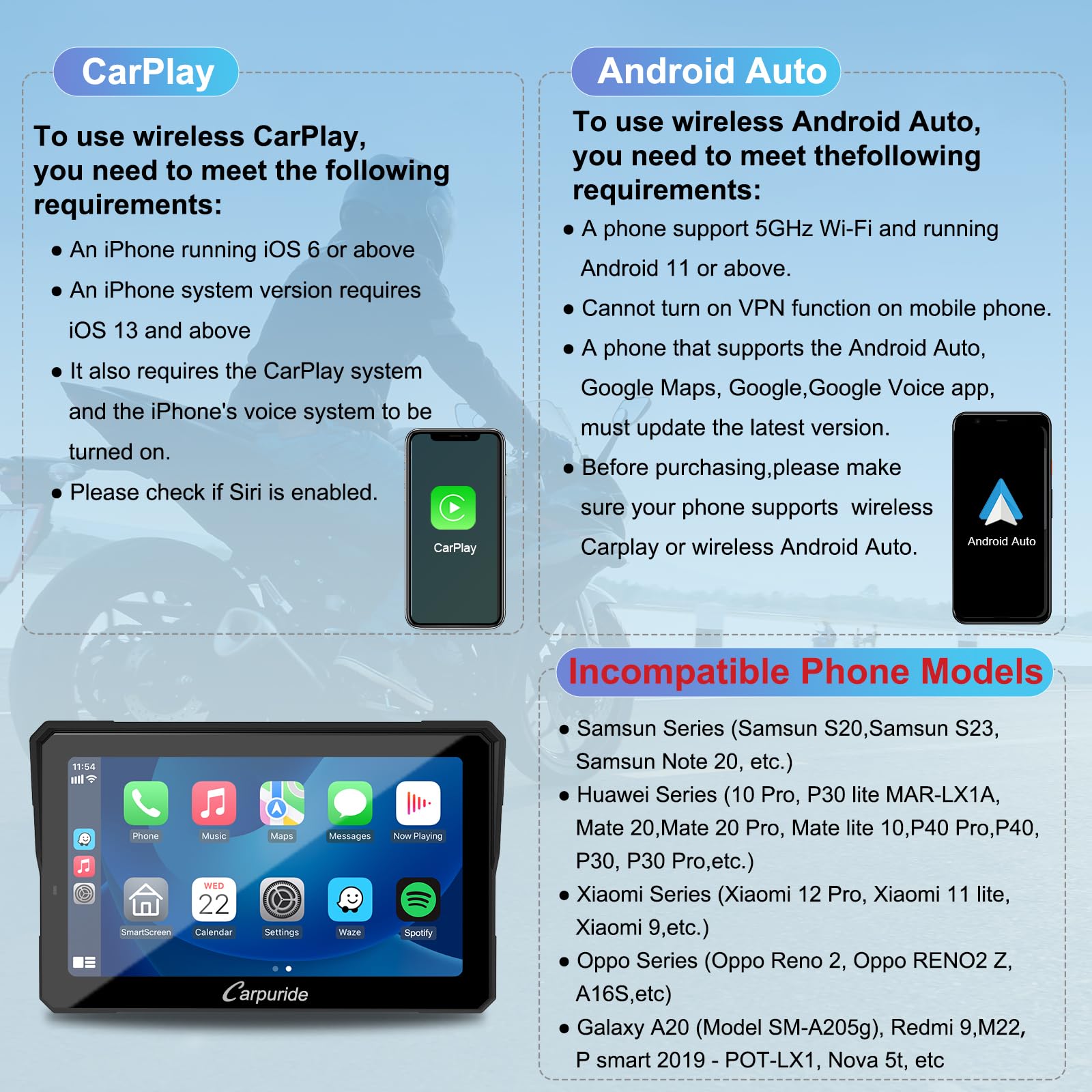 Carpuride W702 Pro 7-Inch Waterproof Motorcycle Touchscreen with Wireless CarPlay & Android Auto, Intercom Function, Enhanced Dual Bluetooth, Navigation, Compass - Perfect for Motorcycle Rides, Road Trips & Outdoor Adventures
