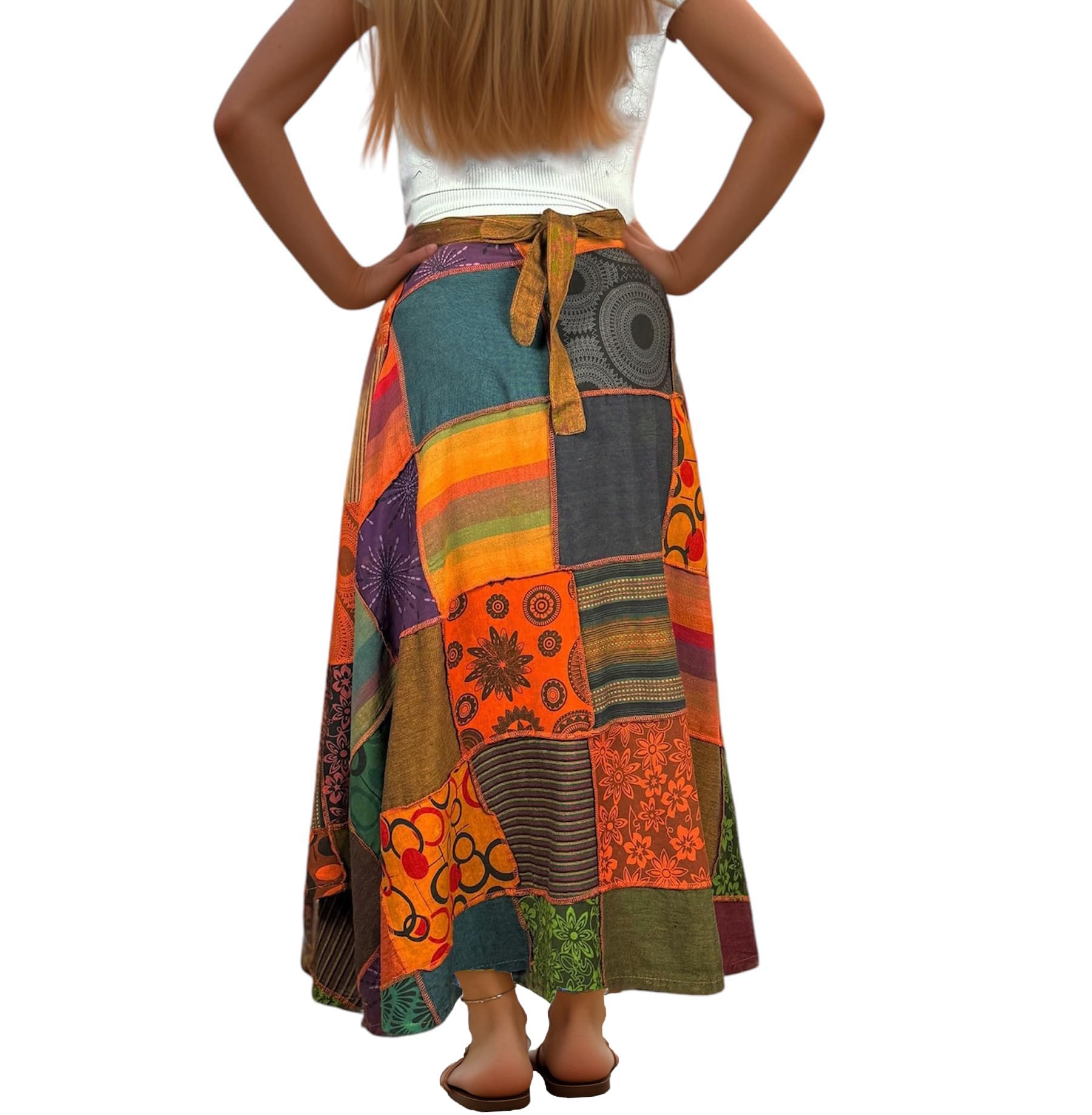 **Agan Traders Women's 2025 Spring & Fall Bohemian Maxi Skirt - High Waisted Patchwork Wrap Skirt with Tie-Up Detail for Casual & Festival Wear**    *Use Cases: Perfect for beach vacations, music festivals, boho-chic outfits, and everyday casual wear.*