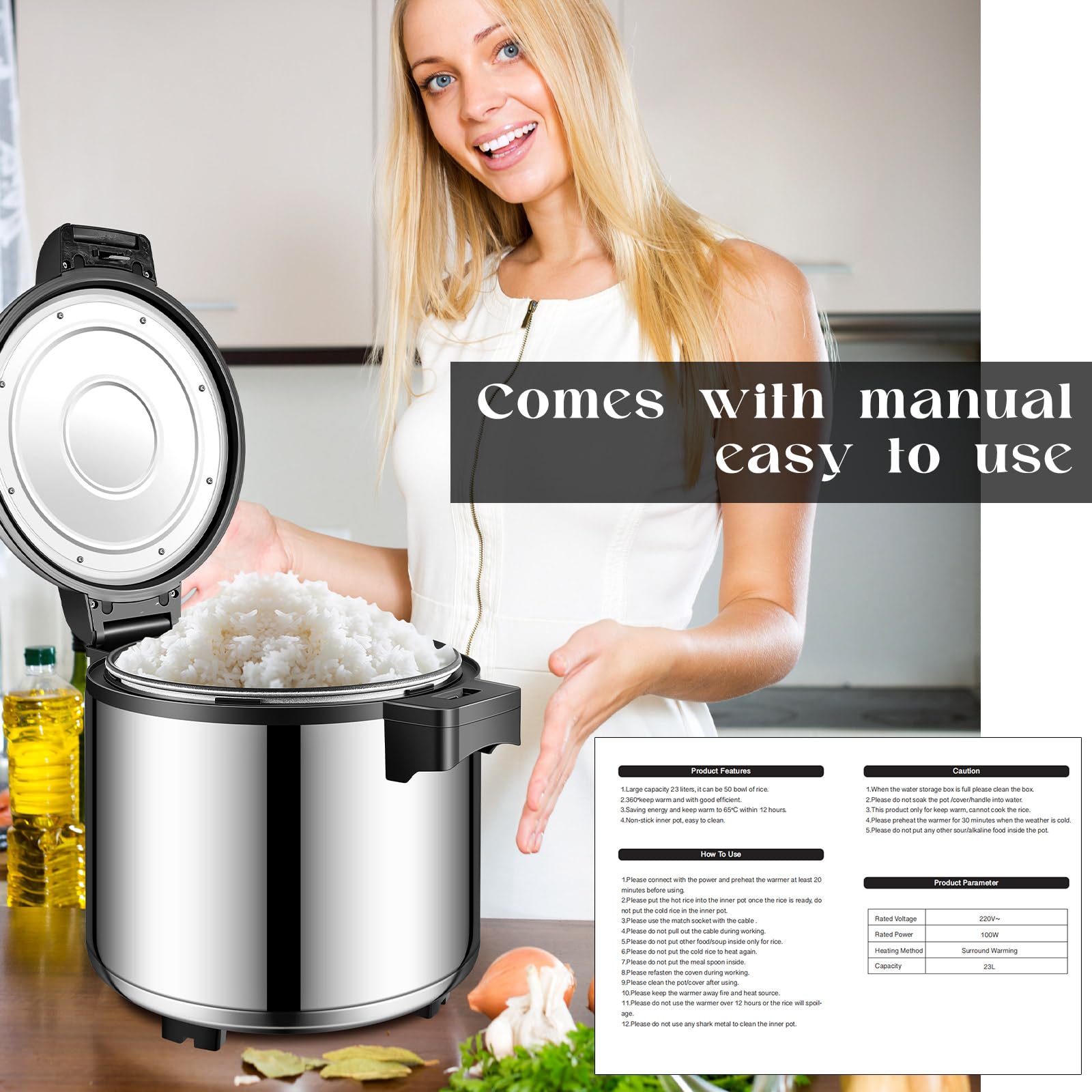 100 Cup Commercial Electric Rice Warmer - Stainless Steel Food Warmer with Spoon & Warm Function - Heavy Duty 100W Rice Cooker for Restaurants, Catering, Buffets & Party Events - Perfect for Banquets, Cafeterias & Large Gatherings