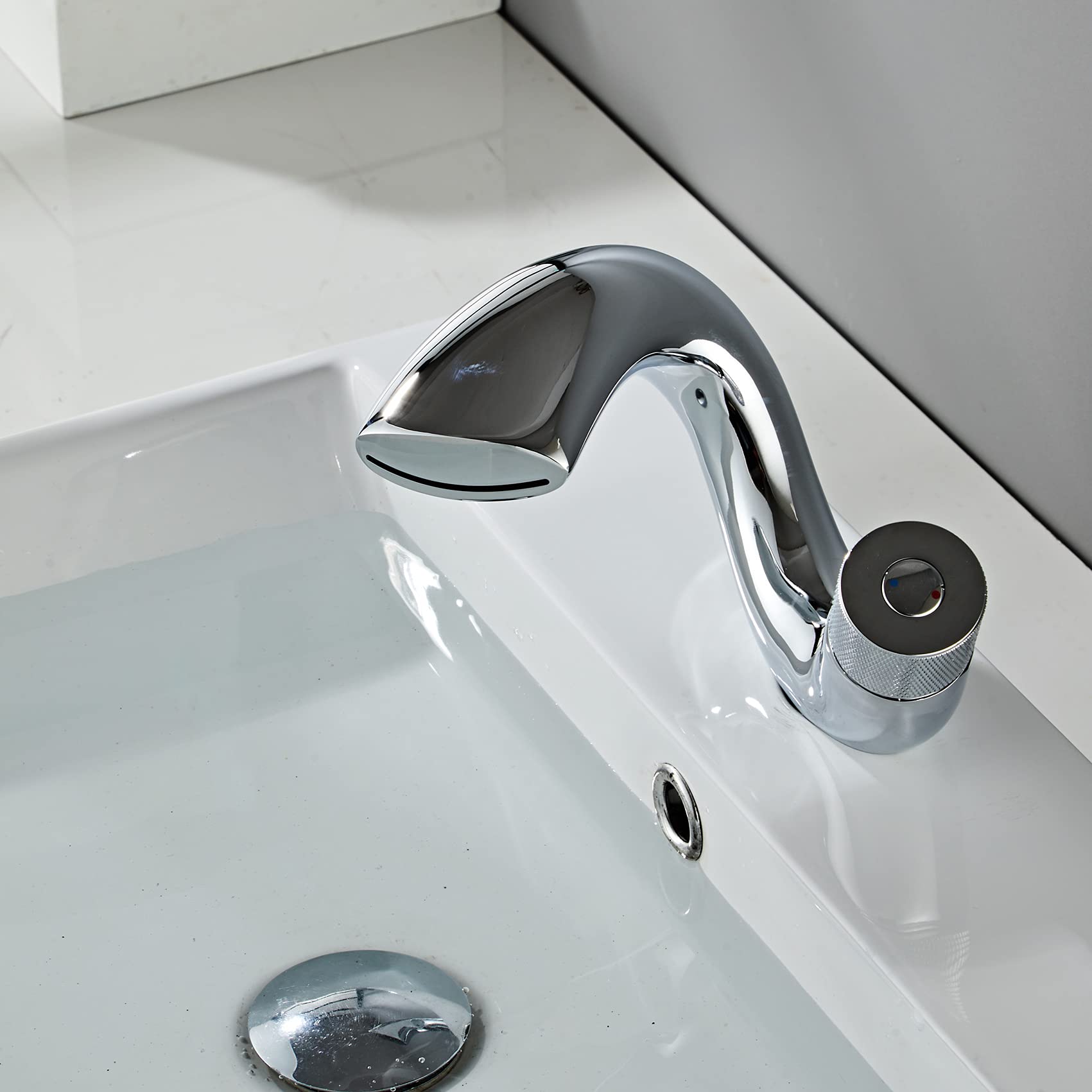 Wovier Waterfall Chrome Bathroom Sink Faucet with Supply Hose - Single Handle Single Hole Lavatory Faucet, Slanted Body Basin Mixer Tap for Commercial & Home Use - Perfect for Restaurants, Hotels, and Modern Bathrooms