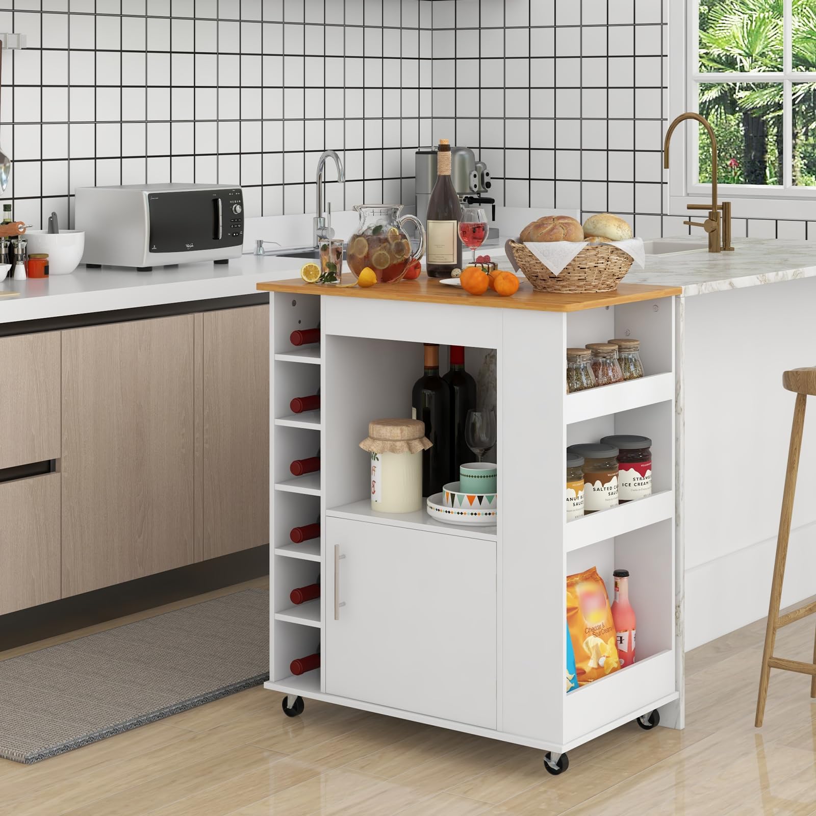 Giantex Mobile Kitchen Island Cart with Storage Cabinet, Bamboo Top & Wheels - 6-Bottle Wine Rack, 3-Tier Spice Rack, Towel Holder - White Rolling Microwave Stand for Small Spaces, Dining Room, Coffee Bar & Apartment Cooking