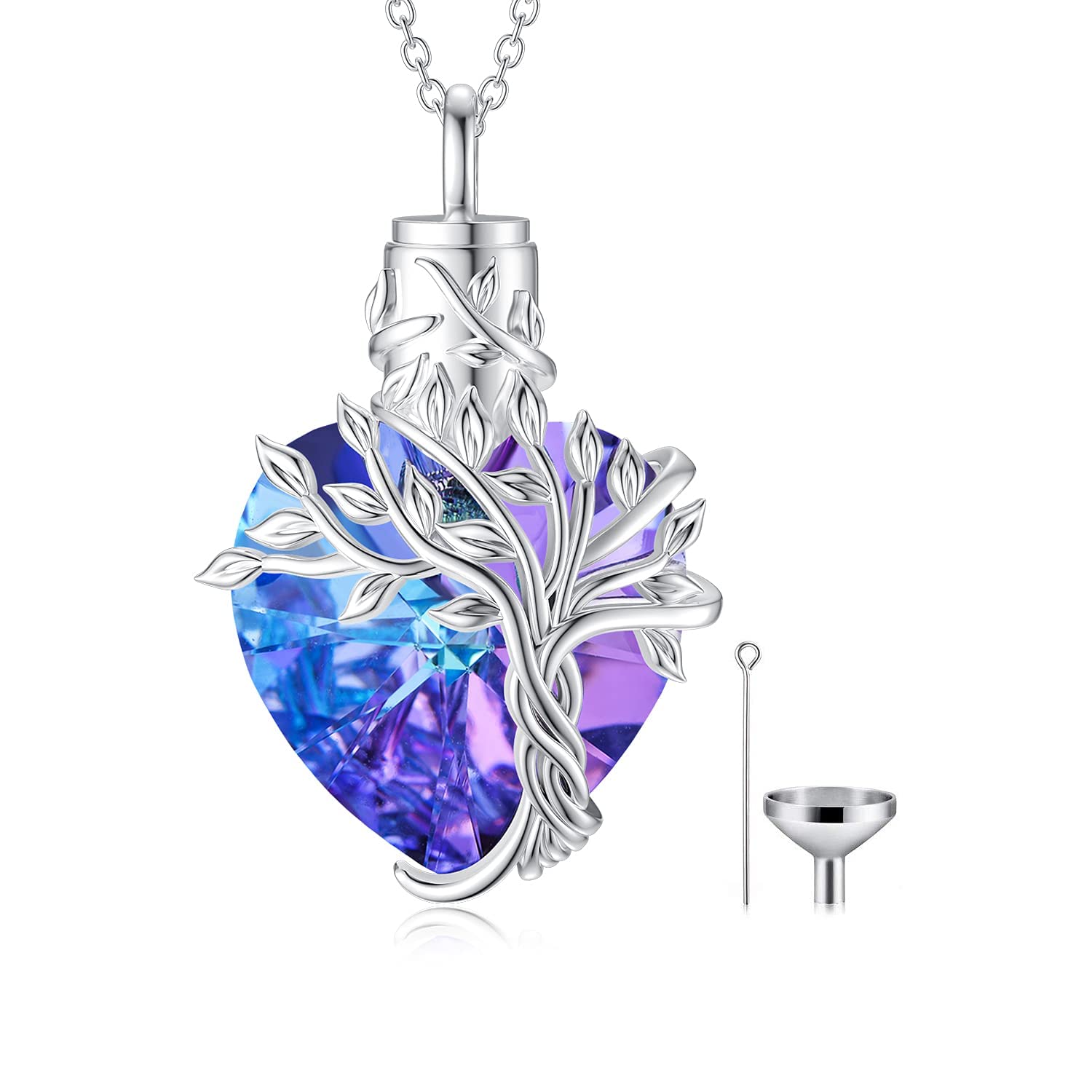 TOUPOP Heart Tree of Life Urn Necklace & Earrings Set with Purple Crystal - Memorial Jewelry Gift for Women, Girls - Perfect for Remembrance, Sympathy & Special Occasions