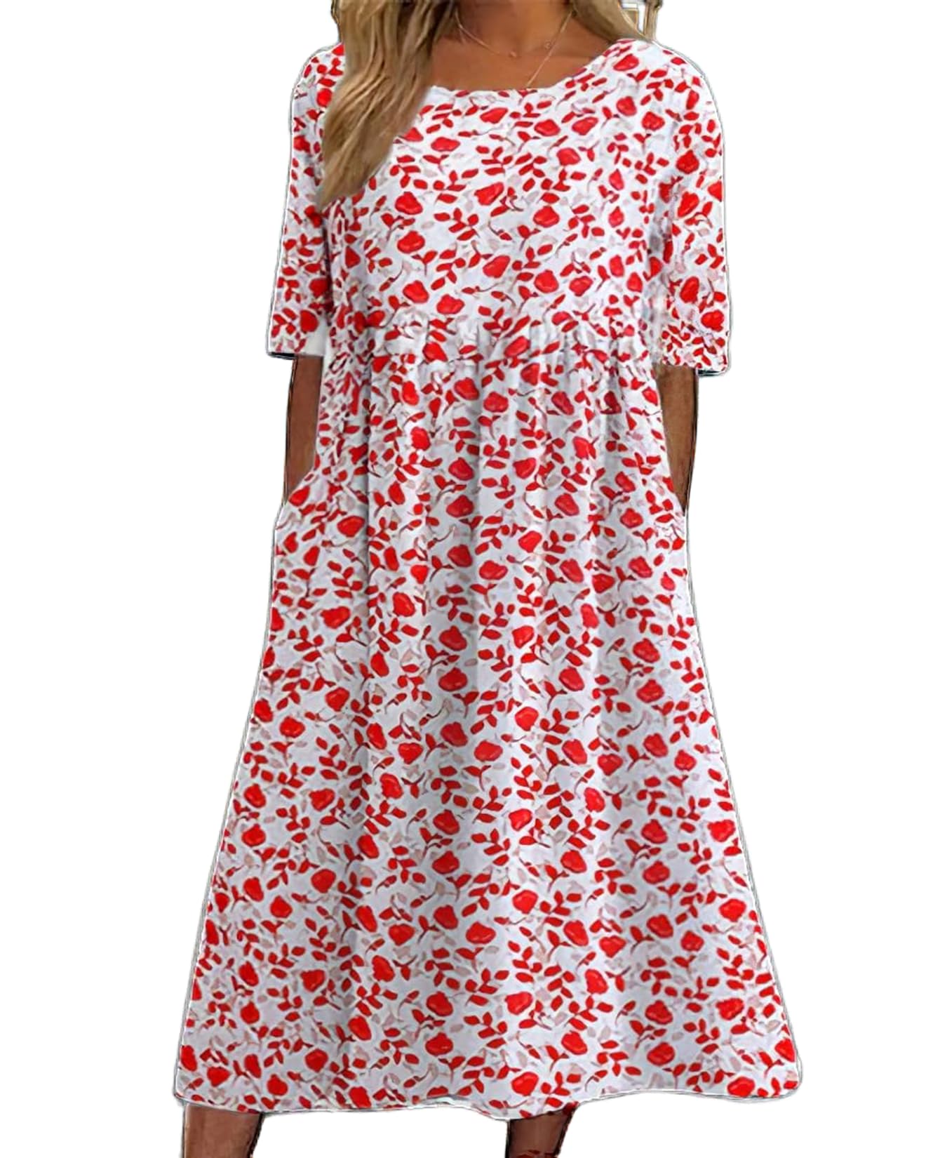 **Boho Floral T-Shirt Dress for Women - Casual A-Line Midi Summer Dress with Pockets | Perfect for Beach, Vacation & Everyday Wear**