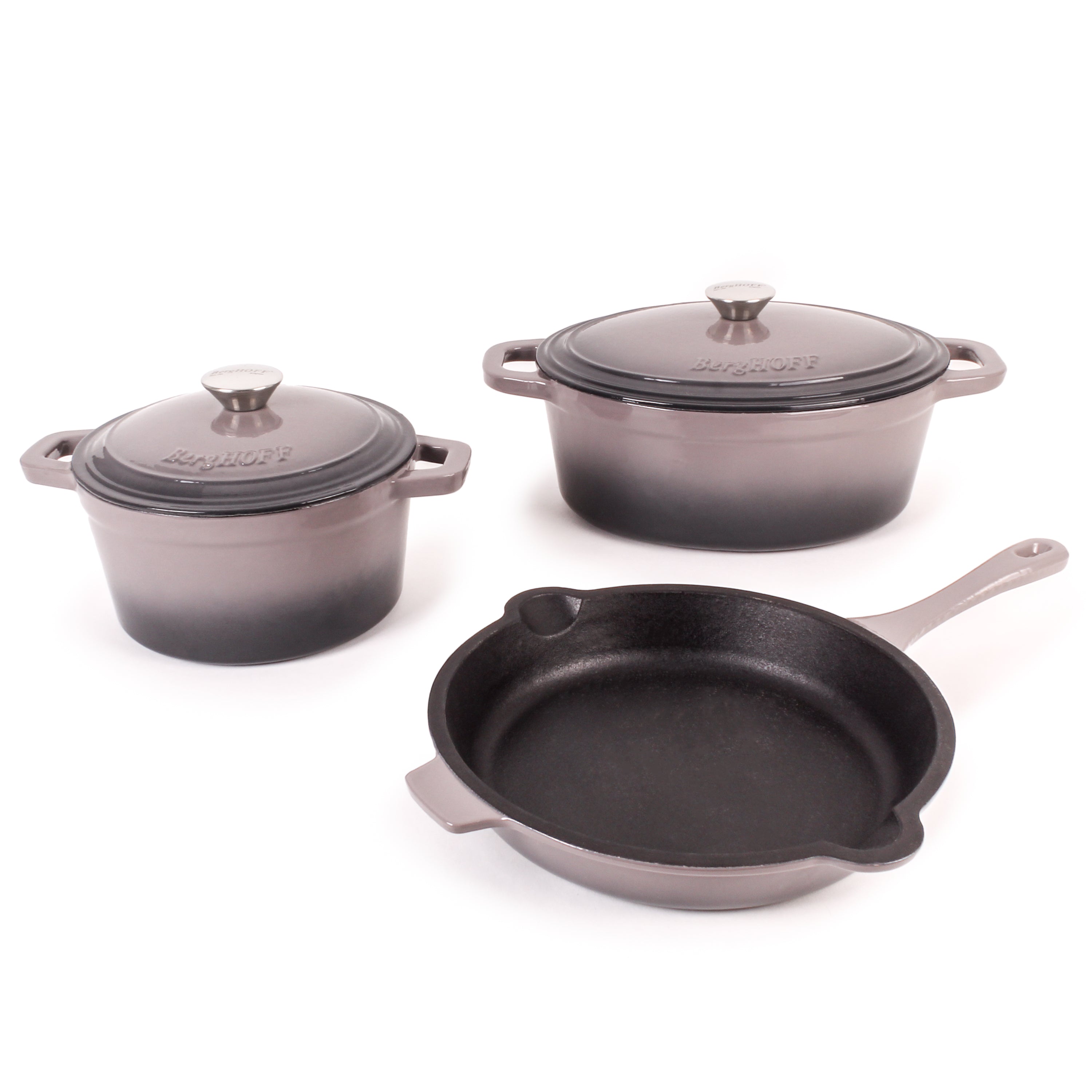 BergHOFF Neo 5-Piece Cast Iron Dutch Oven Set with 10-Inch Fry Pan, 3-Quart & 5-Quart Enameled Cookware, Oven Safe to 500°F – Perfect for Braising, Stewing, Baking & Camping Cooking