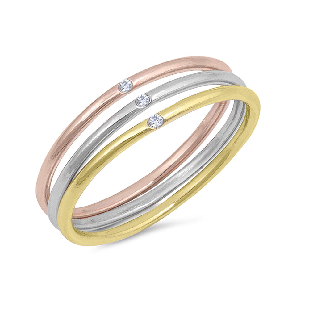 3mm Tri-Tone Solitaire Wedding Band Ring - Rose, Yellow Gold & 925 Sterling Silver - Perfect for Engagement, Anniversary & Everyday Wear