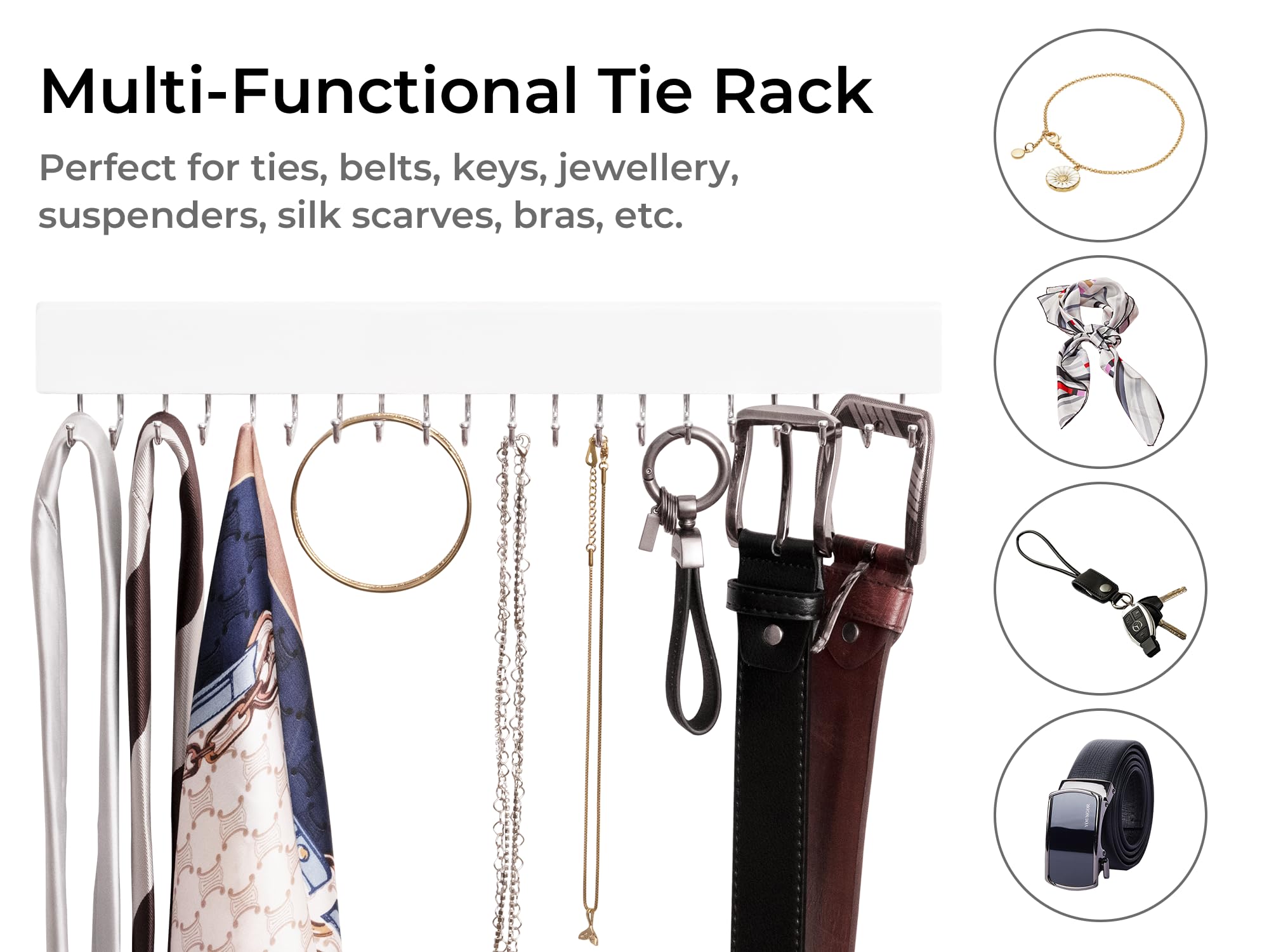 StorageWorks 20-Hook Wooden Tie Rack - 2 Pack Wall Mounted Organizer for Neckties, Belts & Hats (White) | Perfect for Closet, Bedroom & Office Organization