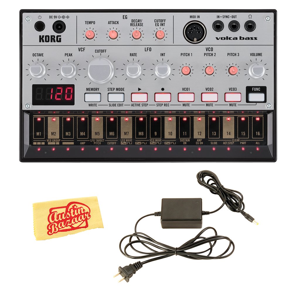 Korg Volca Bass Analog Bass Synthesizer Bundle with Power Supply & Austin Bazaar Polishing Cloth | Portable Electronic Music Production for Studio & Live Performances