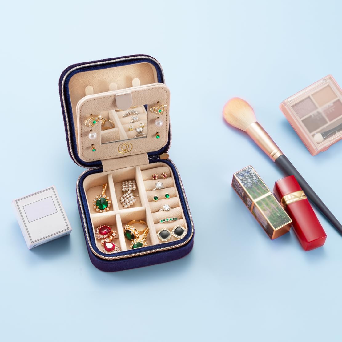 Plush Velvet Travel Jewelry Organizer Box with Mirror - Portable Jewelry Storage Case for Necklaces, Rings & Earrings - Perfect Gift for Women & Girls (Navy Blue) | Great for Travel, Home Storage & Daily Use