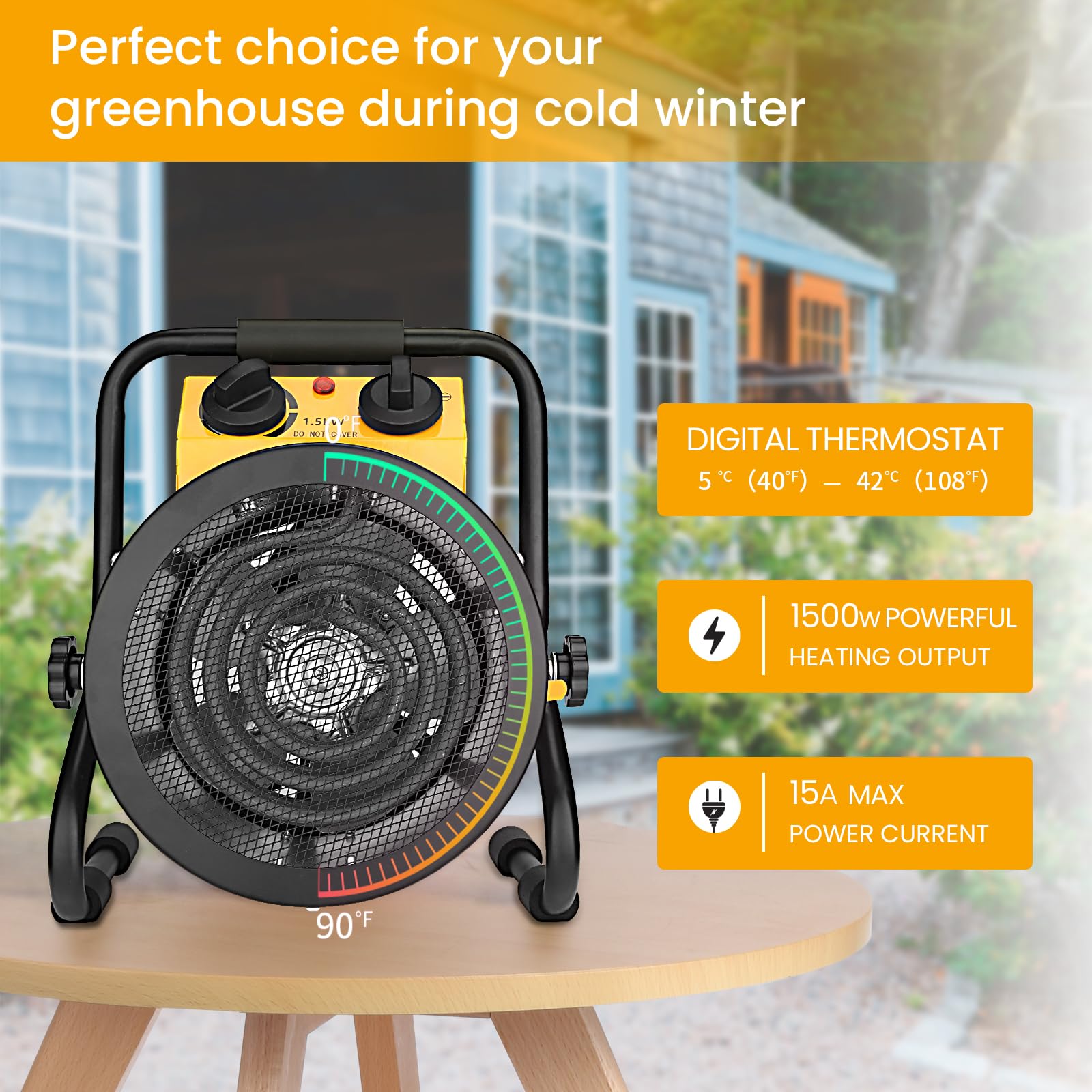 Digital Greenhouse Heater with Thermostat - 1500W Fast Heating Grow Tent Heater with Overheat Protection - Perfect for Greenhouses, Flower Rooms & Indoor Plant Growing