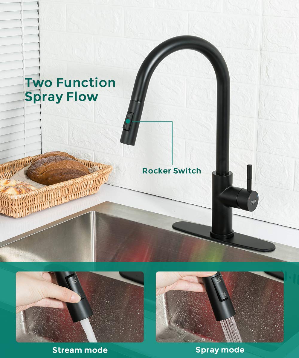 Premium Commercial Matte Black Stainless Steel Kitchen Faucet with Pull-Out Sprayer - High Arc Single Handle RV Sink Faucet with Deck Plate - Ideal for Modern Kitchens, Restaurants & Campers