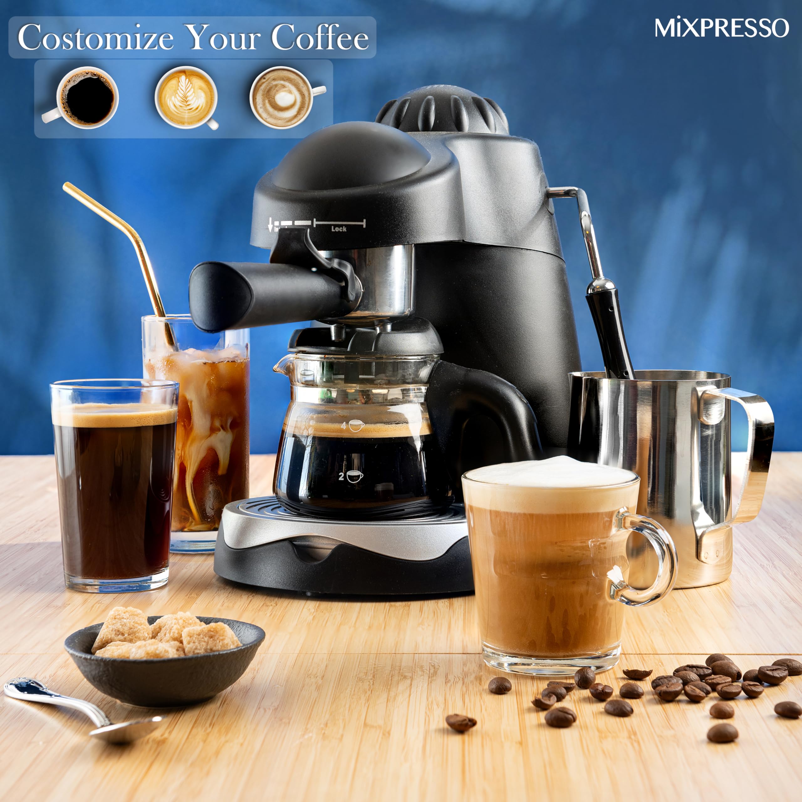 Mixpresso 3.5 Bar Espresso Machine with Milk Frother - 800W Coffee Maker for Espresso, Cappuccino & Latte - 4 Cup Capacity with Glass Carafe - Perfect for Home, Office & Coffee Shops