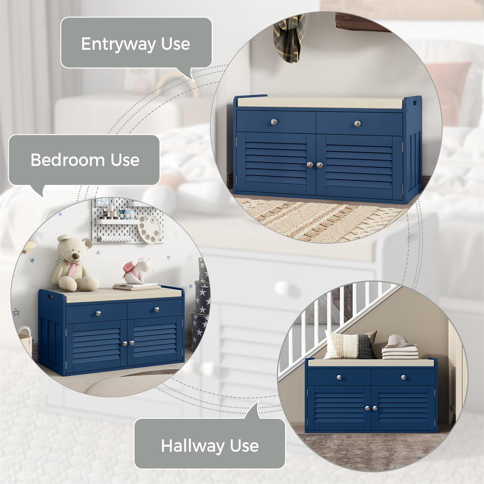 Multi-Functional Shoe Storage Bench with 2 Drawers & 2 Doors - Entryway Organizer with Cushioned Seat, Adjustable Shelves - Shoe Cabinet for Hallway, Living Room, Bedroom & Mudroom (Blue) - Perfect for Small Space Organization & Entryway Decor