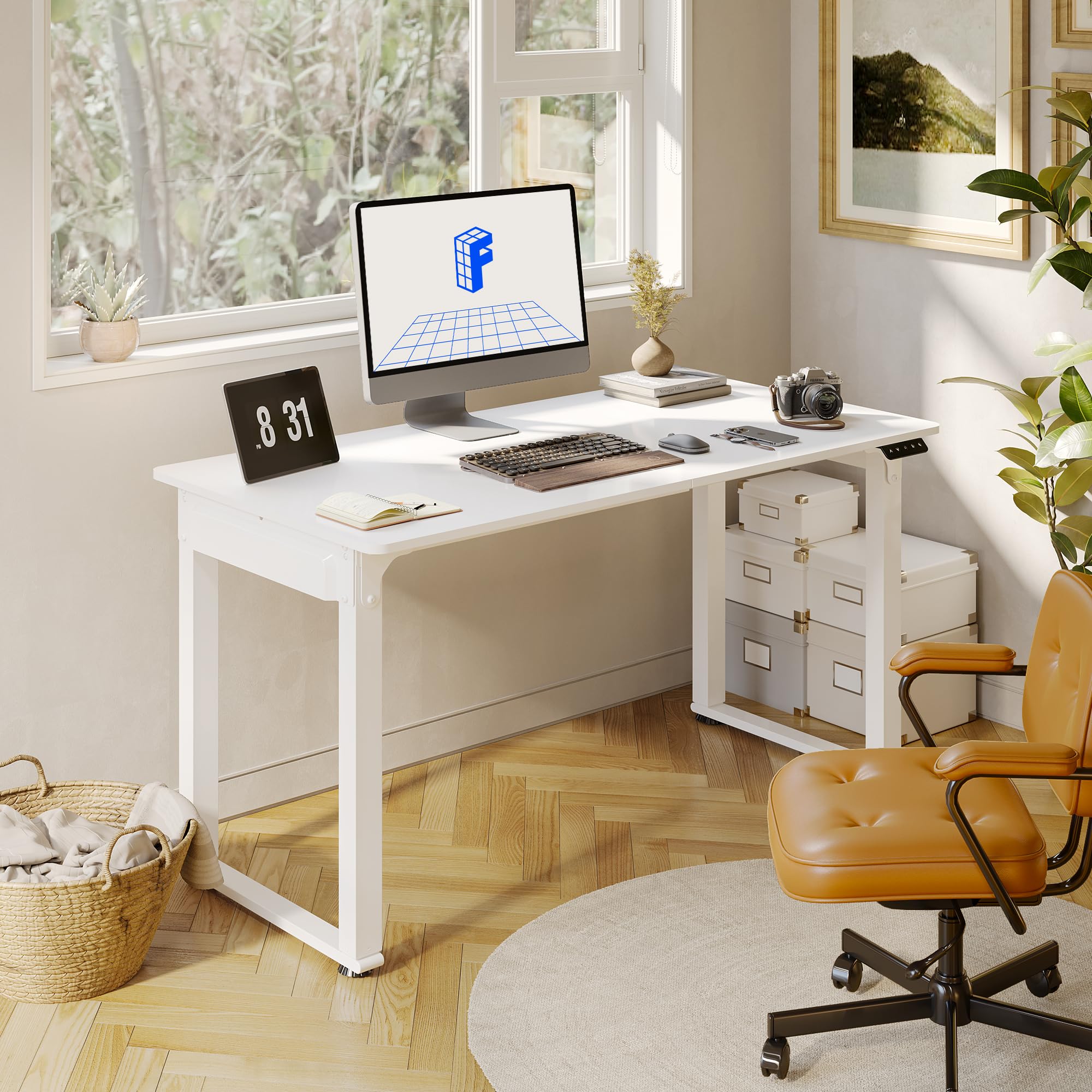 FLEXISPOT E6Q 55 x 28 Inch Adjustable Height Standing Desk with 4 Legs & Splice Board - White Top & Frame - Ergonomic Home Office Sit Stand Desk for Work from Home & Gaming Setup