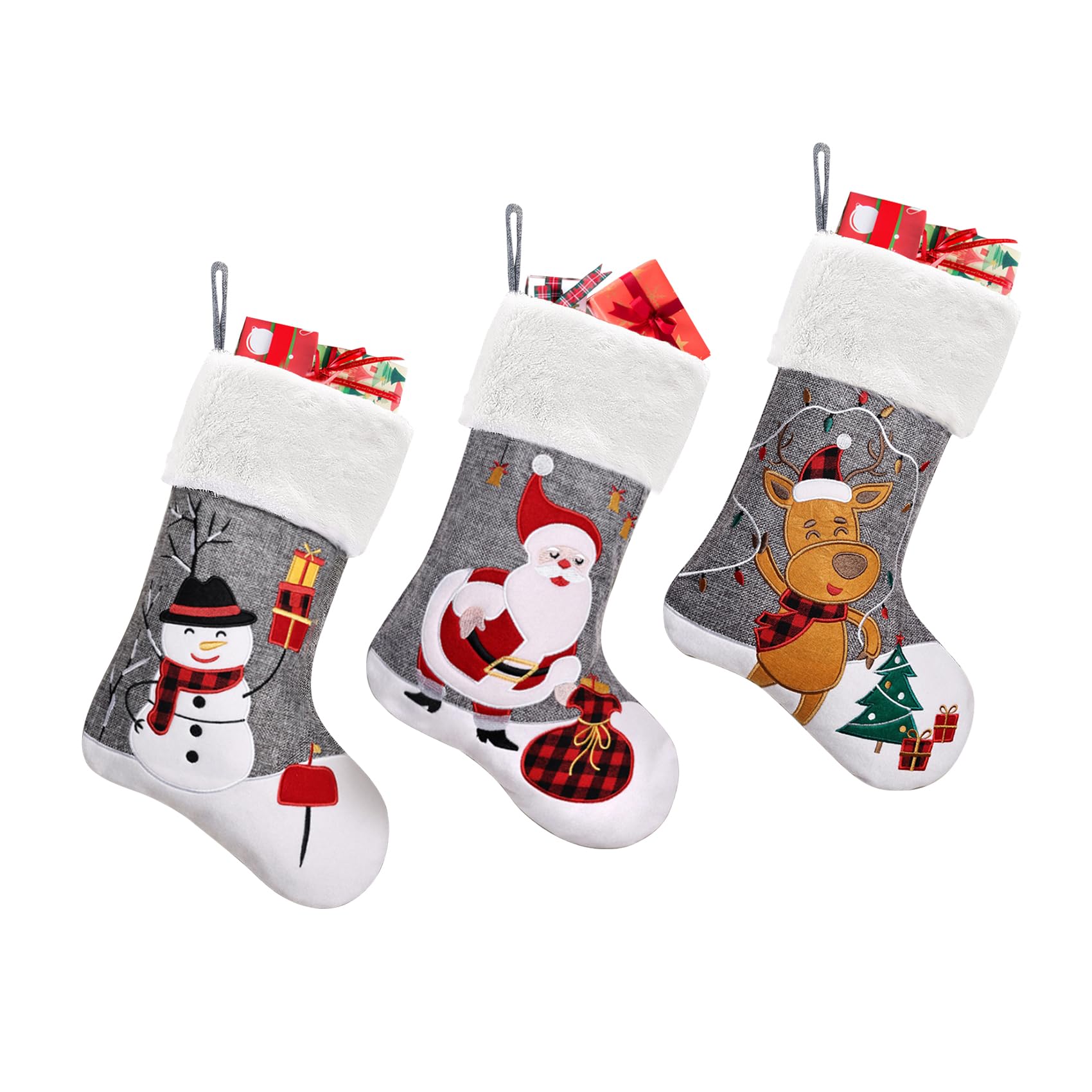 CARAKNOTS 3-Pack Grey Burlap Christmas Stockings with Embroidery Applique - Santa, Snowman & Elk Designs, Faux Fur Trim, Large Size for Kids, Family & Baby - Perfect for Fireplace Xmas Decor & Holiday Gift Giving