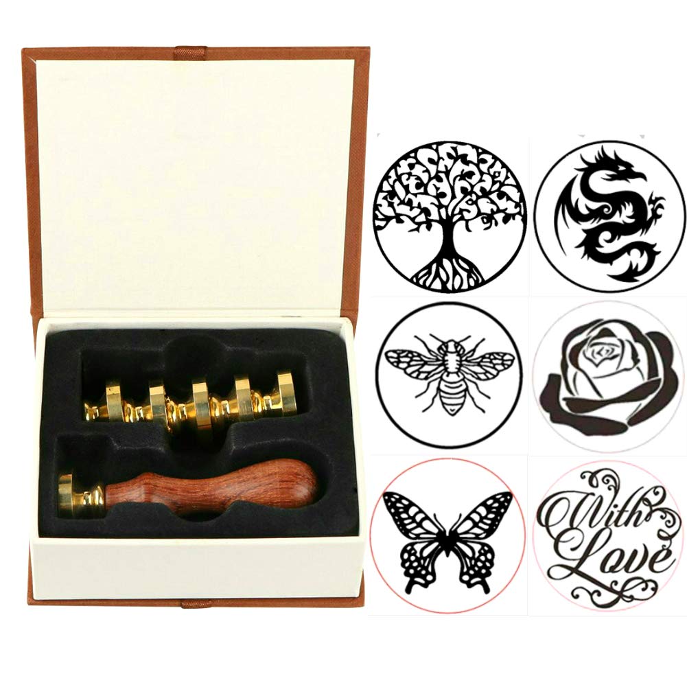 ANBOSE 6-Piece Wax Seal Stamp Kit with Butterfly, Dragon, Rose & Tree Designs - Copper Seals & Wooden Handle for Letters, Invitations, Wedding Cards & DIY Crafts - Elegant Gift for Stationery Lovers