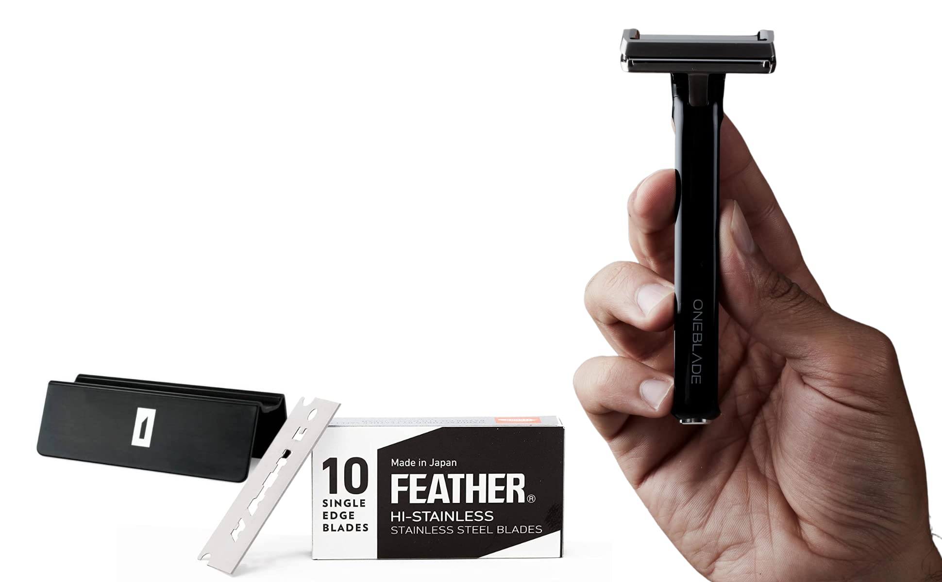 OneBlade Hybrid Safety Razor with Stand & 10 Premium Japanese Feather FHS Refill Blades - Gentle Single Blade Razor for All Skin Types - Perfect for Sensitive Skin & Close Shaving at Home or Travel
