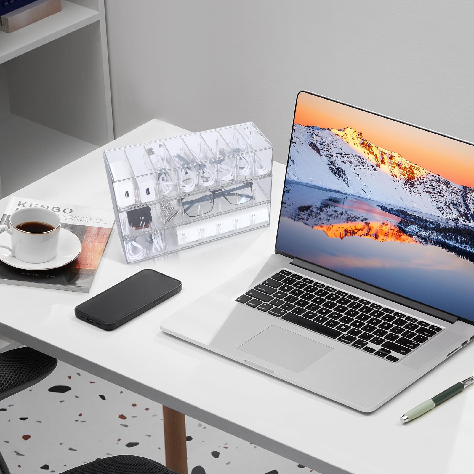 4-Piece Clear Plastic Cord Organizer Box with Lid & 32 Cable Ties - 8 Removable Dividers for Home Office Desk - Perfect for Charger, USB Cable, Headphone & Electronics Storage - Ideal for Workspace, Travel & Cable Management