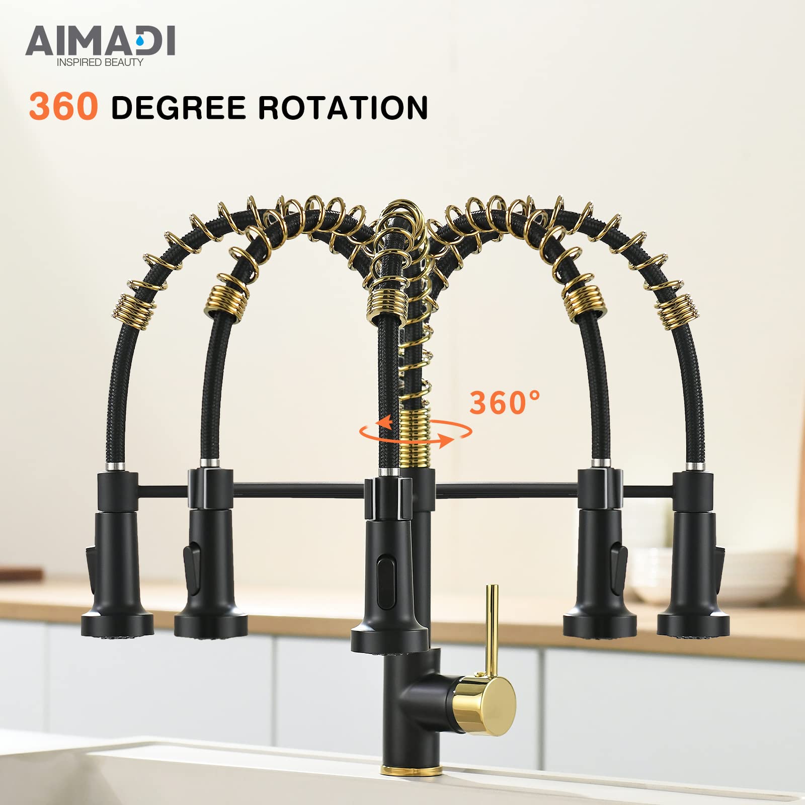 Premium Matte Black & Gold Kitchen Faucet with Pull Down Sprayer - Commercial Grade Single Handle Spring Faucet for Sink - Ideal for Modern Kitchens, Restaurants & Home Renovations