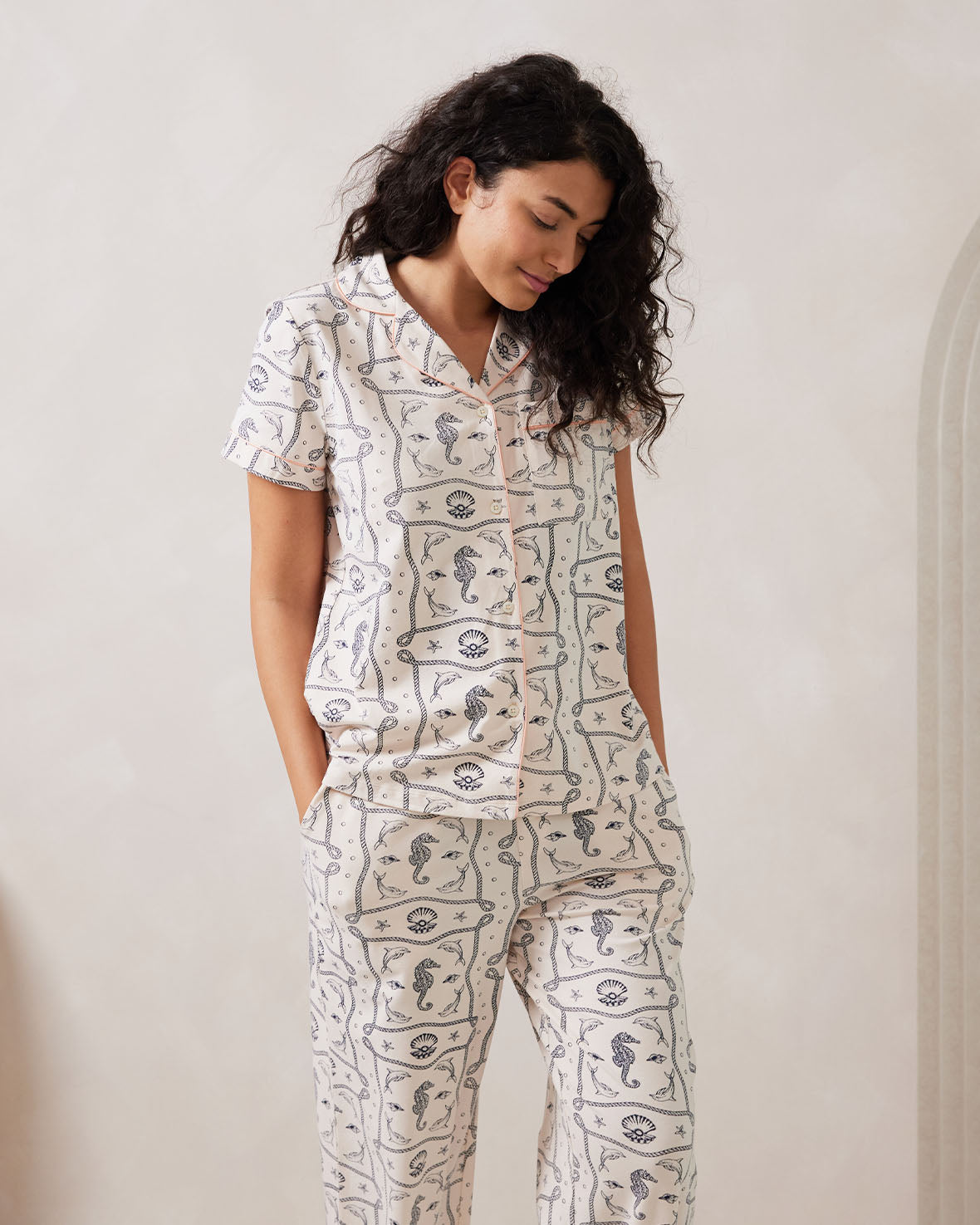 Organic Cotton Under the Sea Print Long Pajama Set - Soft & Comfortable Sleepwear for Women, Cute Ocean Theme Loungewear for Home & Vacation