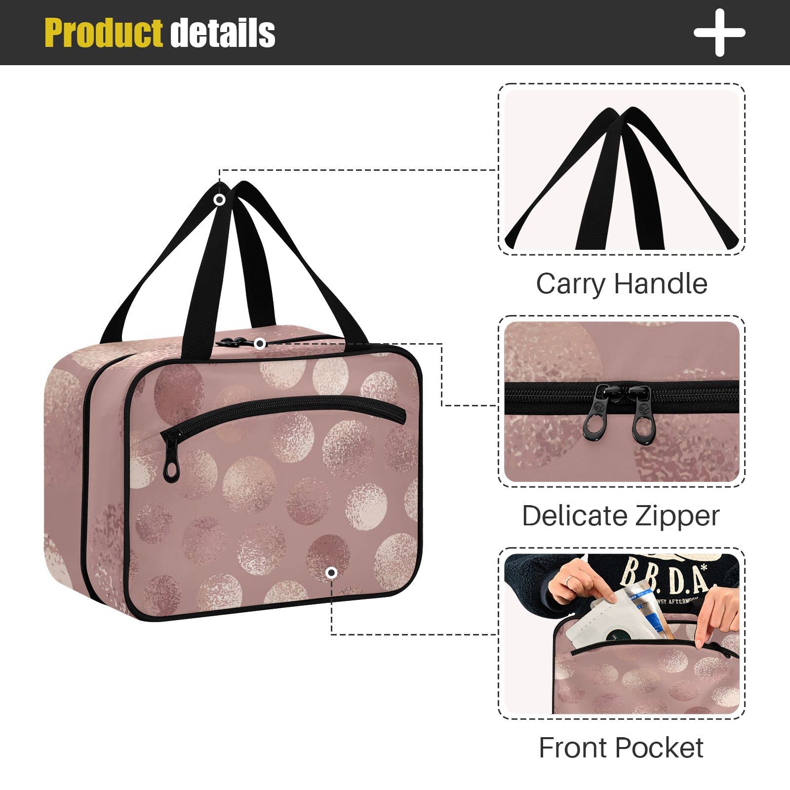 Rose Gold Polka Dots Travel Toiletry Bag - Large Cosmetic Organizer with Hanging Hook for Women | Perfect for Travel & Gym