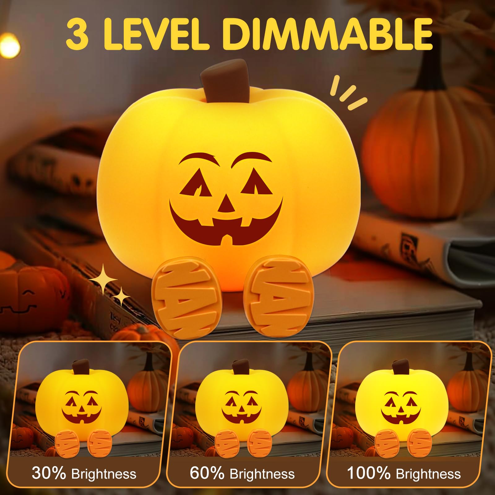 Cute Rechargeable Dimmable Silicone Pumpkin Night Light - Halloween Jack O'Lantern Decor for Kids, Baby Nursery & Toddler Rooms - Squishy Cordless Bedside Lamp for Halloween Gifts & Cozy Nighttime Ambiance