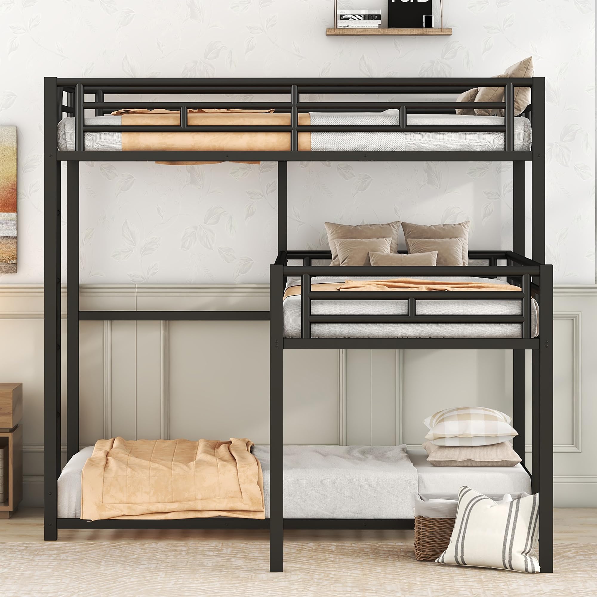Twin Over Twin L-Shaped Metal Triple Bunk Bed with Ladder & Full-Length Guardrails - 3-in-1 Kids & Teens Bunk Bed in Black | Perfect for Small Bedrooms, Sleepovers & Space-Saving Solutions