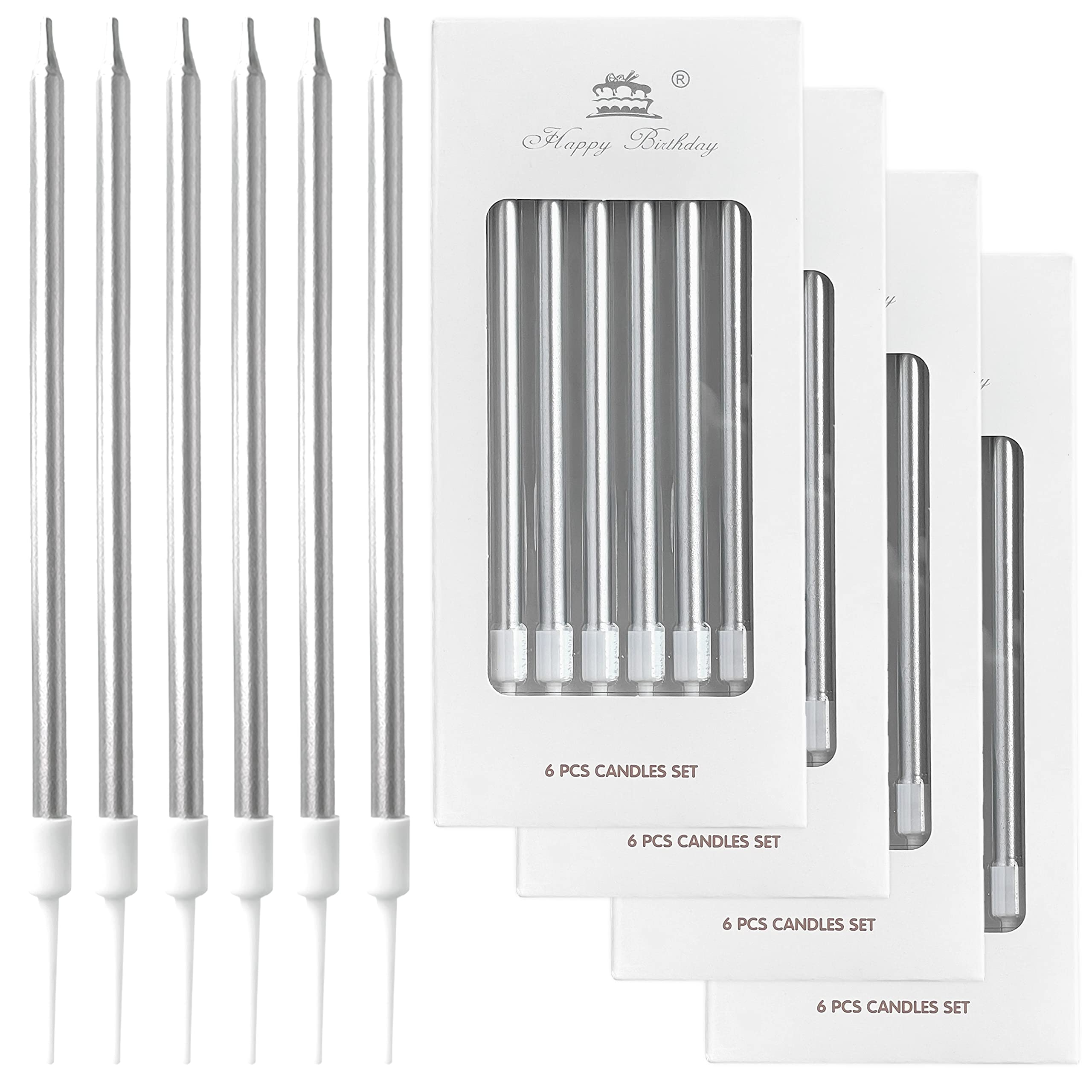 24-Pack Silver Metallic Long Thin Cake Candles with Holders - Elegant Cupcake & Wedding Cake Decorations for Birthdays, Parties & Special Celebrations