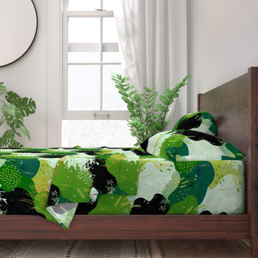 100% Cotton Queen 4-Piece Sheet Set - Modern Abstract Garden Greens & Forest Print Bedding | Soft Breathable Sheets for Bedroom Decor, Guest Room & Cozy Home