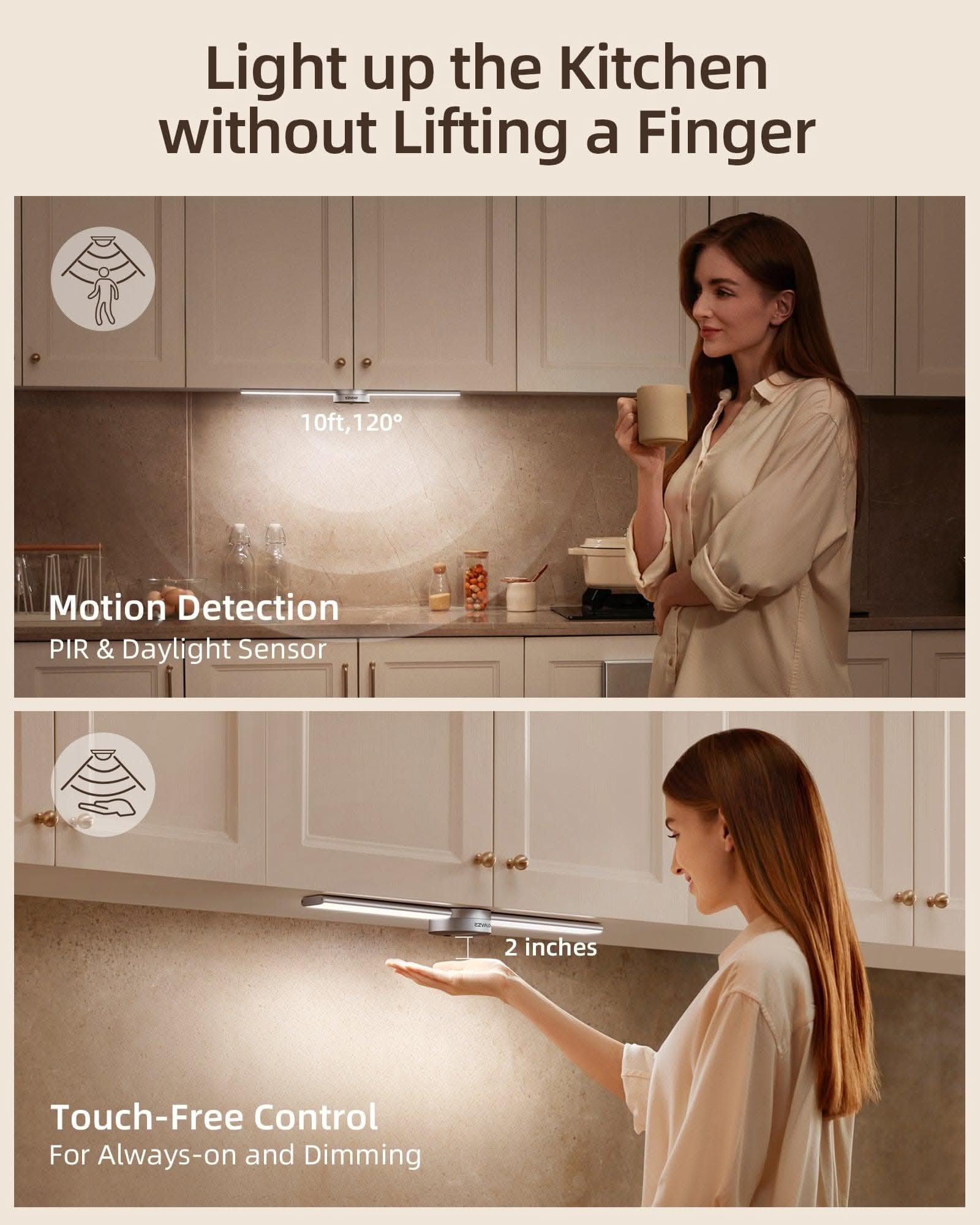 EZVALO EzLumiBar Pro Motion Sensor LED Cabinet Light - Rechargeable Under Cabinet Lighting with Hand Sweep Dimming, 3 Brightness Modes - Perfect for Kitchen, Closet, Bookshelf & Night Light Use
