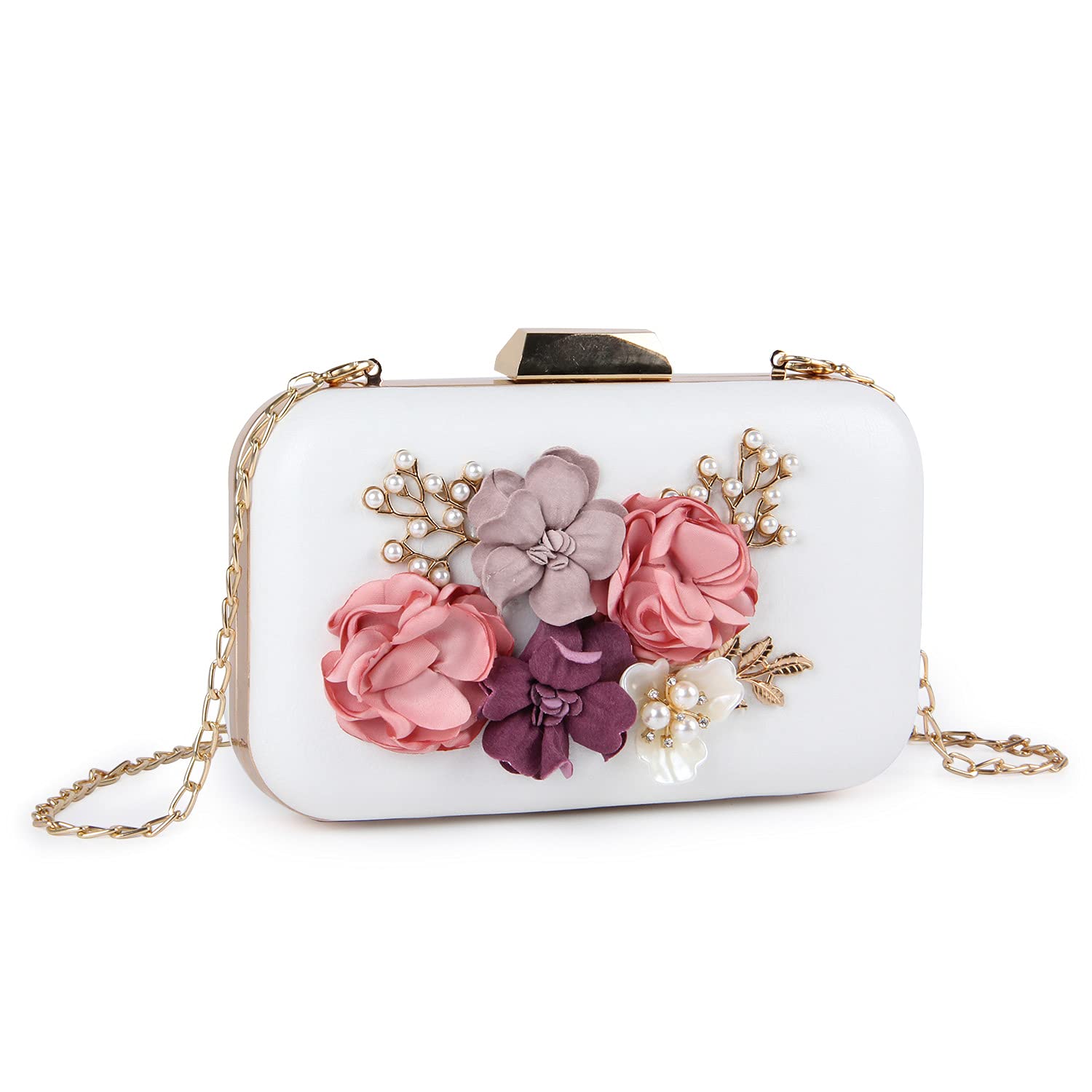 Stylish Women's Floral Clutch Bag - Elegant Evening Handbag with Wallet Compartment, White - Perfect for Parties, Weddings & Formal Events