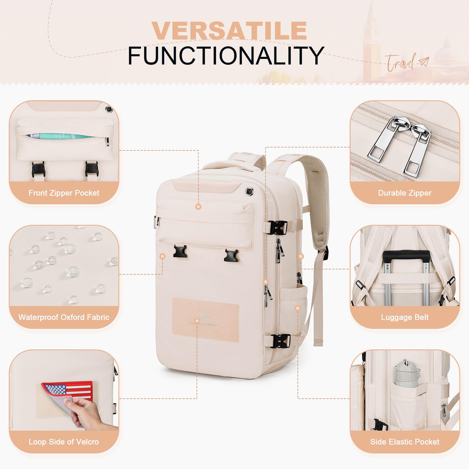 35L Maelstrom Travel Backpack for Women & Men - Waterproof Laptop Backpack Fits 17-Inch Computer, Airplane Carry On Backpack with Crossbody Bag, Shoe Compartment & Toiletry Pouch (Beige, Large) - Perfect for Business Trips, College Students & International Travel