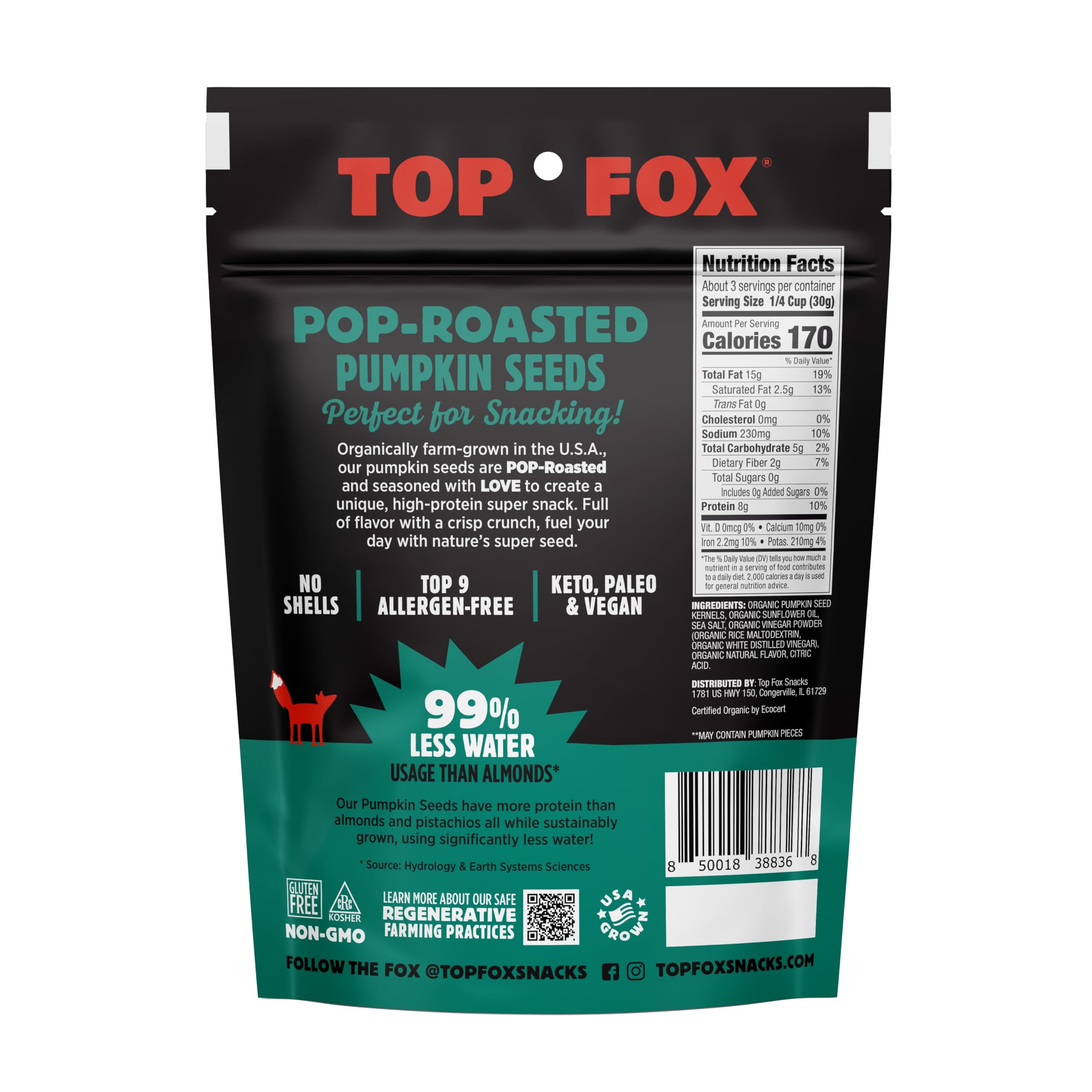 Top Fox Organic Pop-Roasted Pumpkin Seeds - Healthy Protein Snacks | Gluten Free, Keto & Vegan Friendly (Salt & Vinegar Flavor, 3.5oz - 6 Pack) - Perfect for On-the-Go Snacking, Workout Fuel & Healthy Office Treats