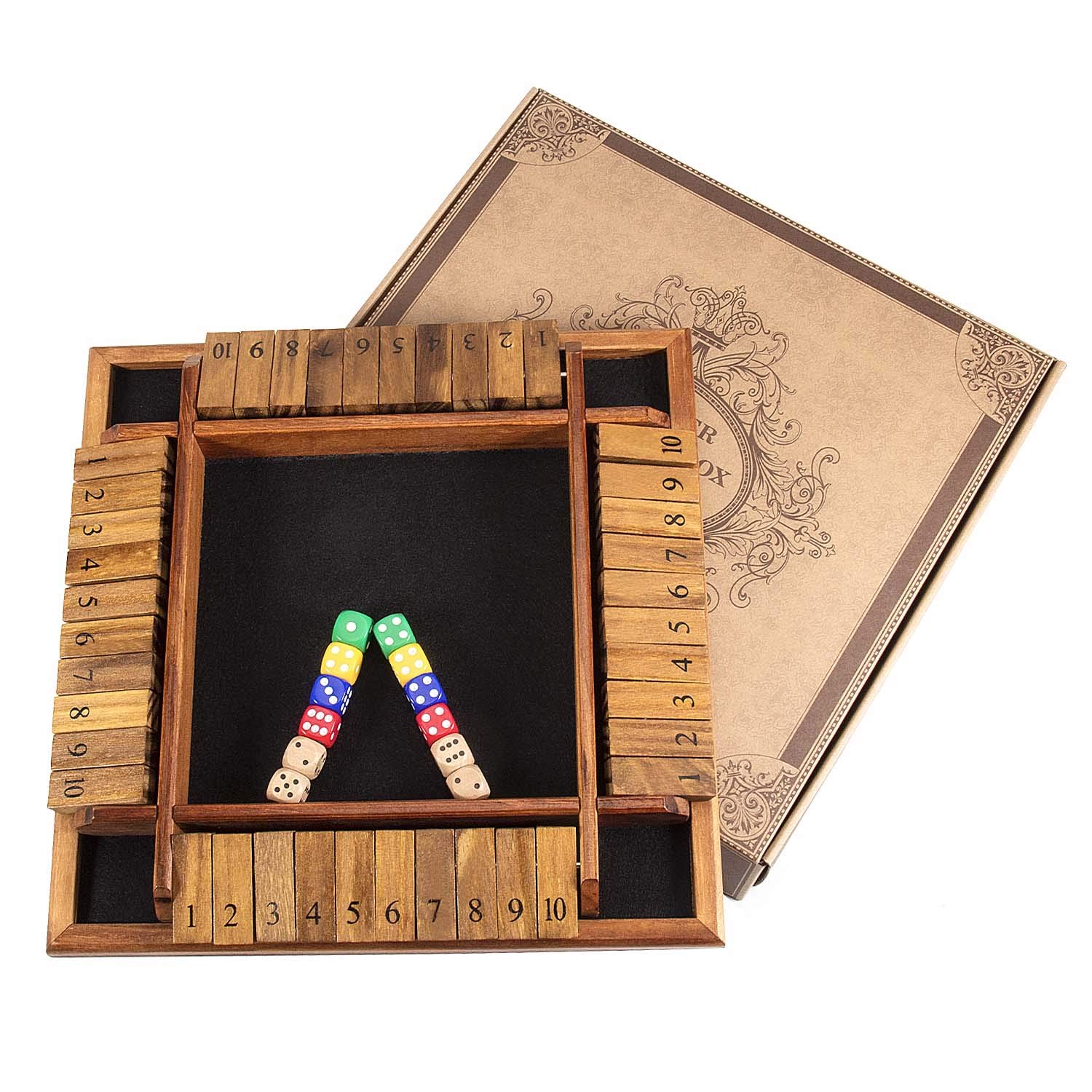 AMEROUS 1-4 Players Shut The Box Dice Game - Wooden Board Math Tabletop Game with 12 Dice & Instructions for Kids, Adults, Family, Classroom, Pub - Fun Educational Game for Home, Parties & Bars (12 Inch)