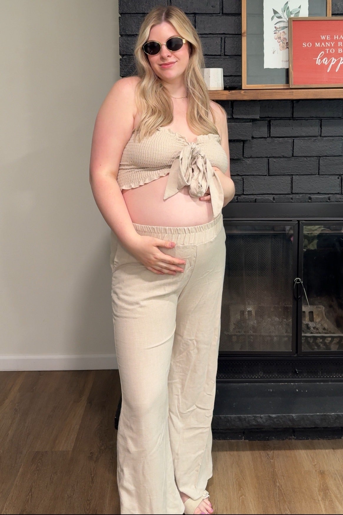 Beige Front Tie Maternity Crop Top and Pants Set - Comfortable Pregnancy Outfit for Casual Wear & Maternity Photos