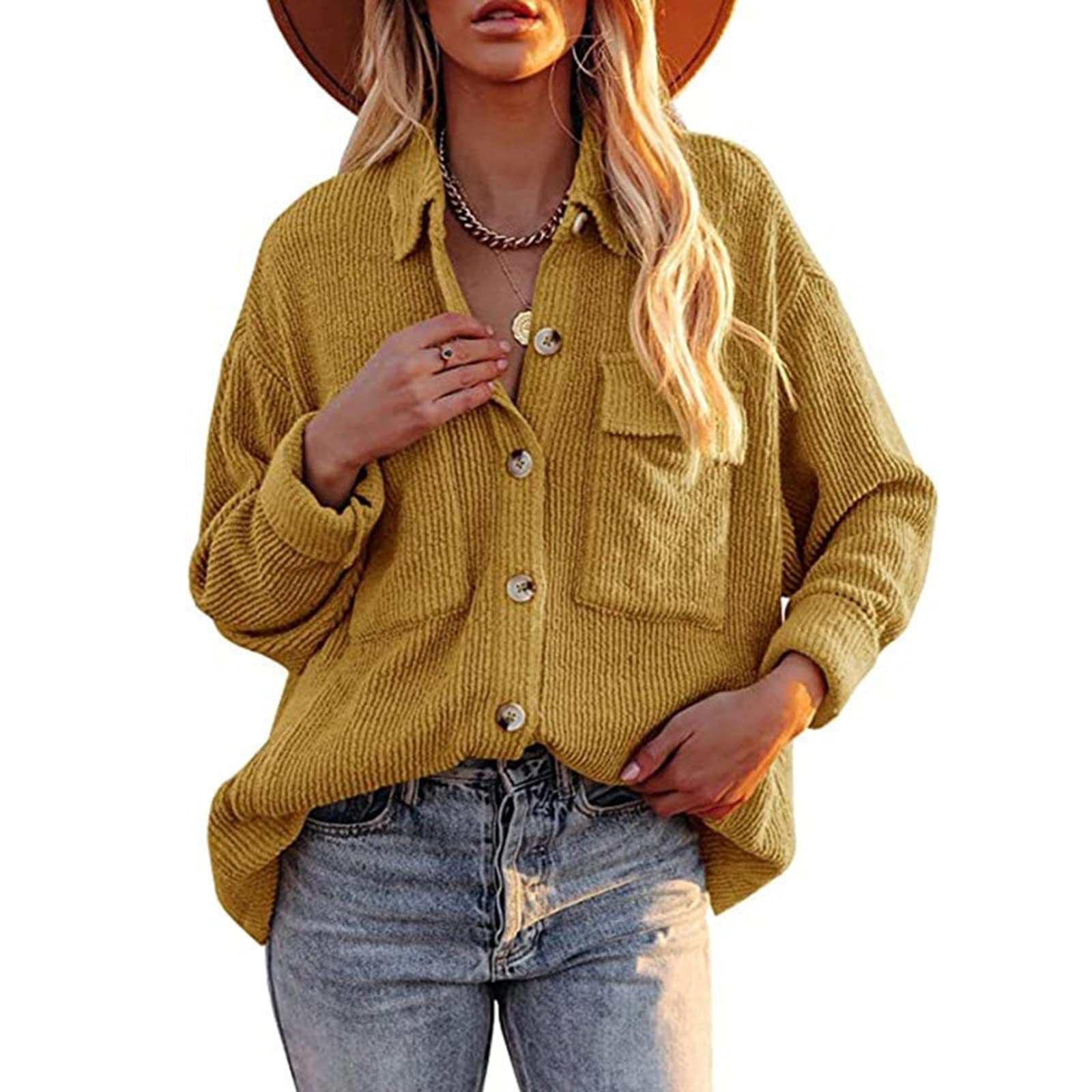 FMCHICO Women's Corduroy Long Sleeve Button Down Shirt - Oversized Jacket Top for Casual Wear, Work Office & Fall Outfits