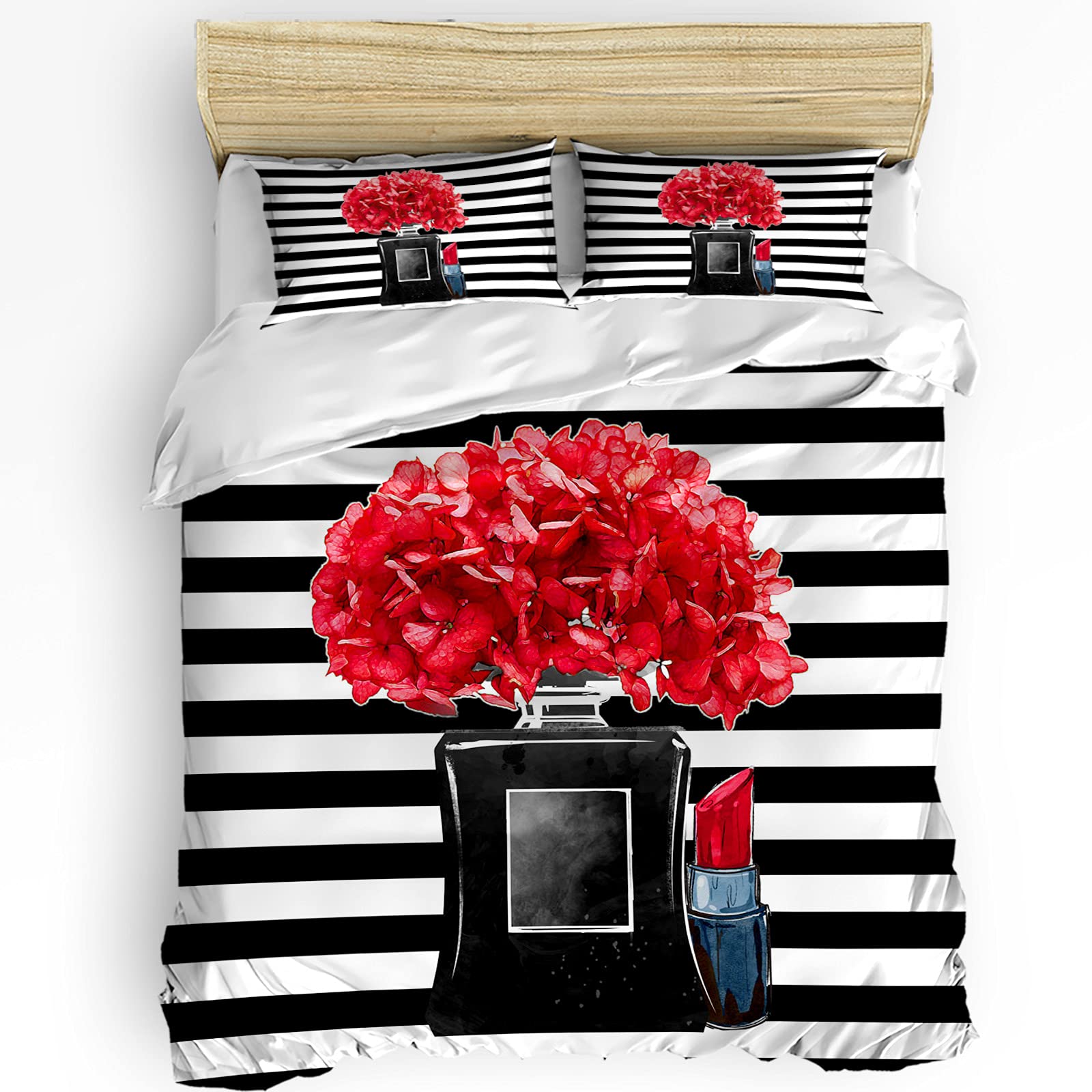 EZON-CH 3-Piece Queen Size Duvet Cover Set - Black Floral & White Stripes Lipstick Print, Soft Breathable Bedding Set for Kids & Adults, Includes 2 Pillow Shams | Perfect for Modern Bedrooms, Guest Rooms & Dorm Decor