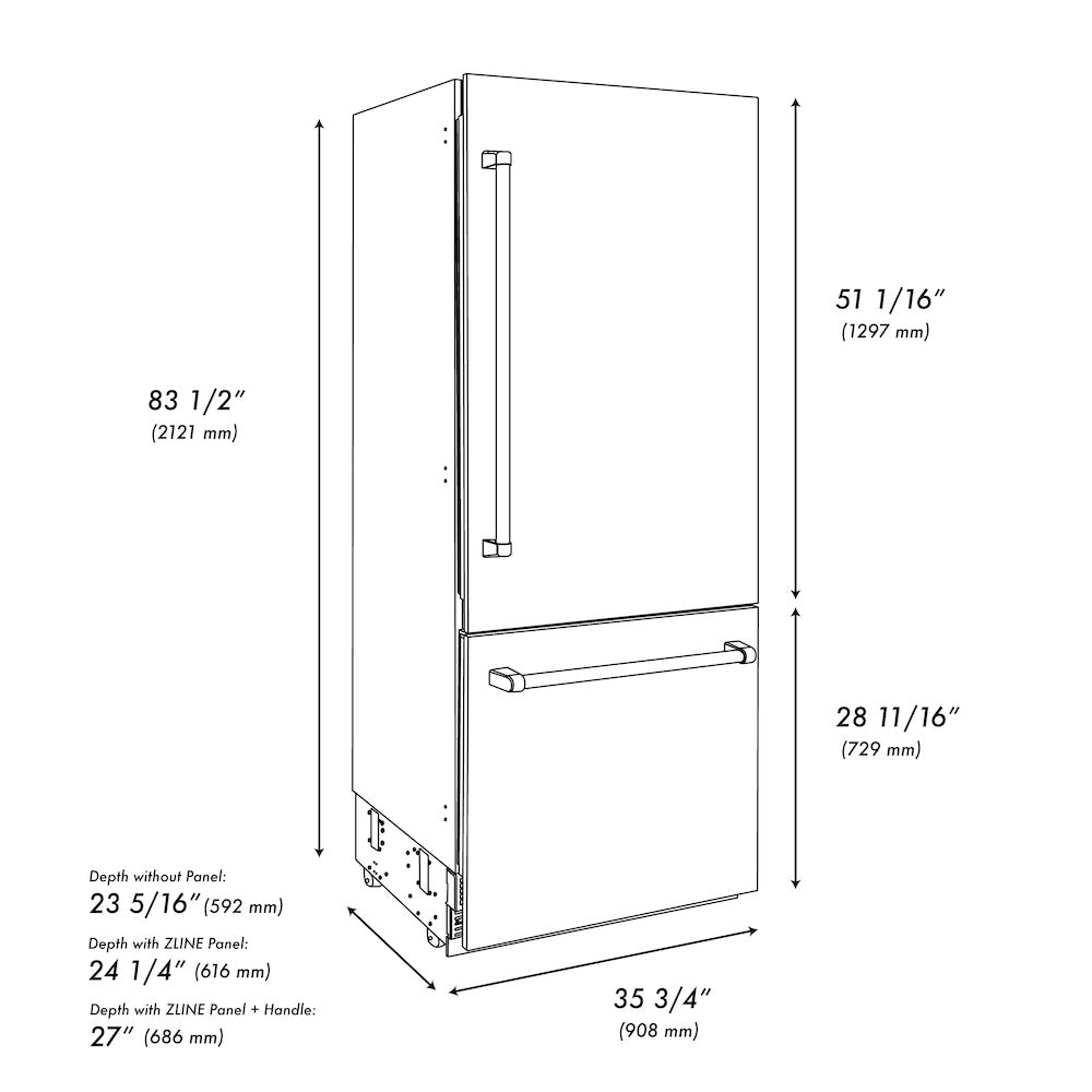 ZLINE Autograph Edition 36 Inch Built-In Bottom Freezer Refrigerator - 19.8 cu ft Capacity, Water Dispenser & Ice Maker - White Matte Exterior with Graphite Gray Interior & Champagne Bronze Accents - Perfect for Modern Kitchens & Luxury Homes (GRBITZ WM 36 CB)
