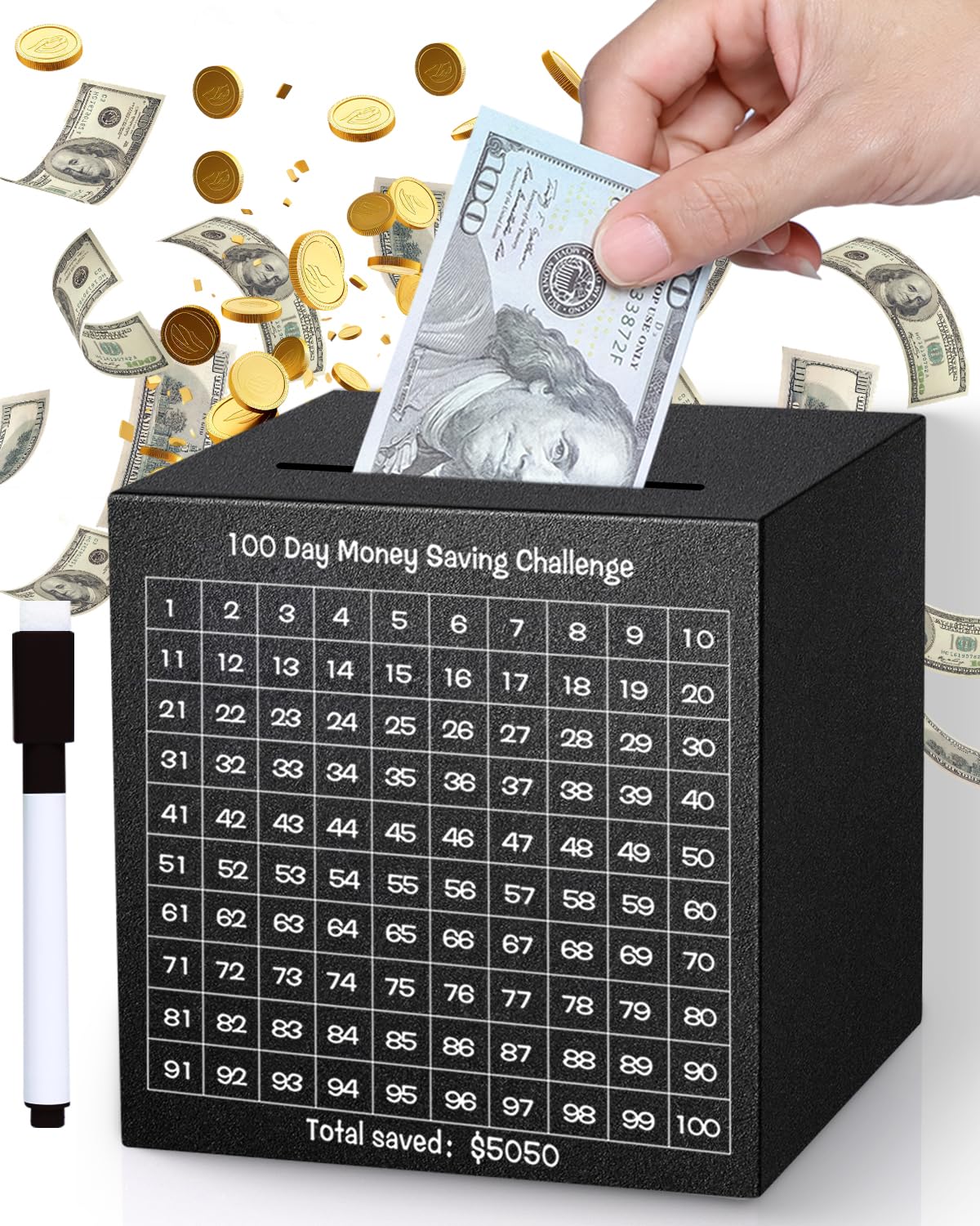 Unbreakable Metal Piggy Bank for Adults - Save $5,050 with 100 Day Money Challenge | Stainless Steel Savings Box (4.72 Inch, Black) | Must Break to Open | Perfect for Budgeting, Emergency Funds & Financial Goals