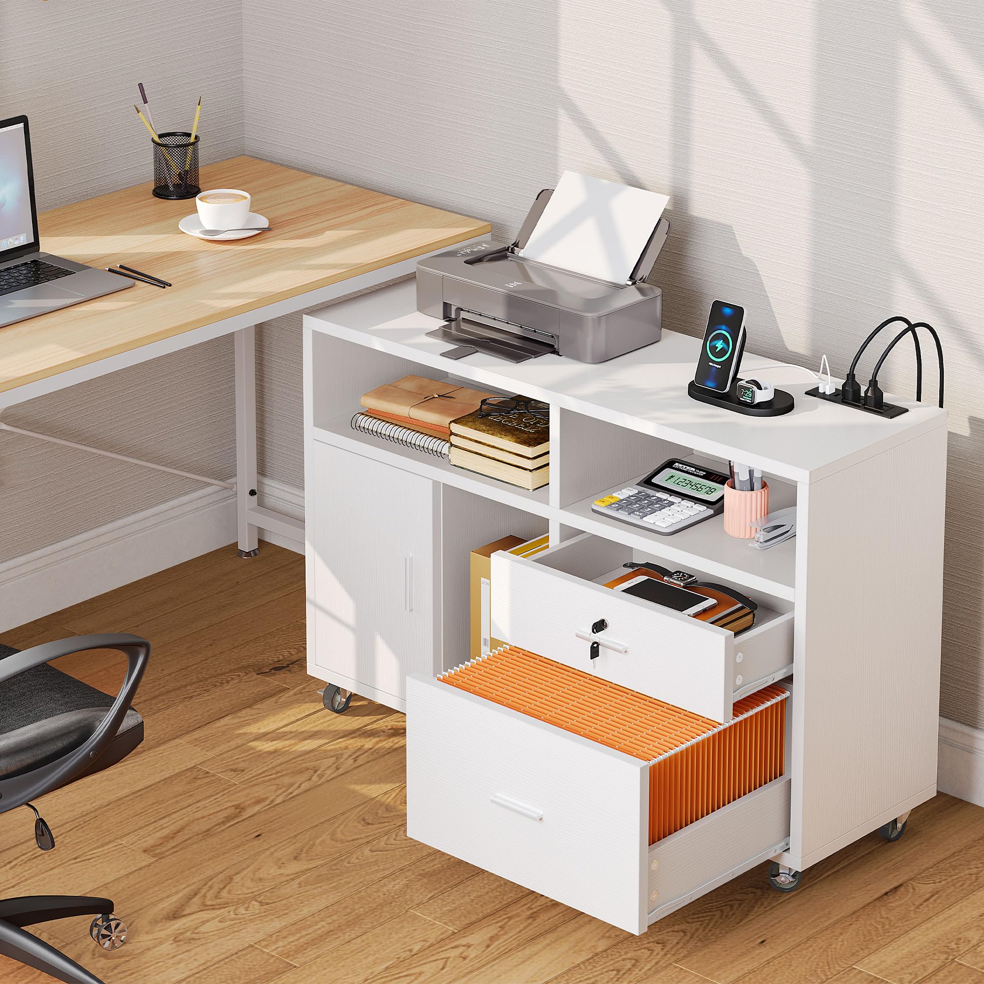 YITAHOME 2-Drawer Wood Lateral File Cabinet - Mobile Storage Cabinet for A4, Letter & Legal Size - Modern Home Office Filing Cabinet with Open Shelves - Perfect for Document Organization & Printer Stand (White)