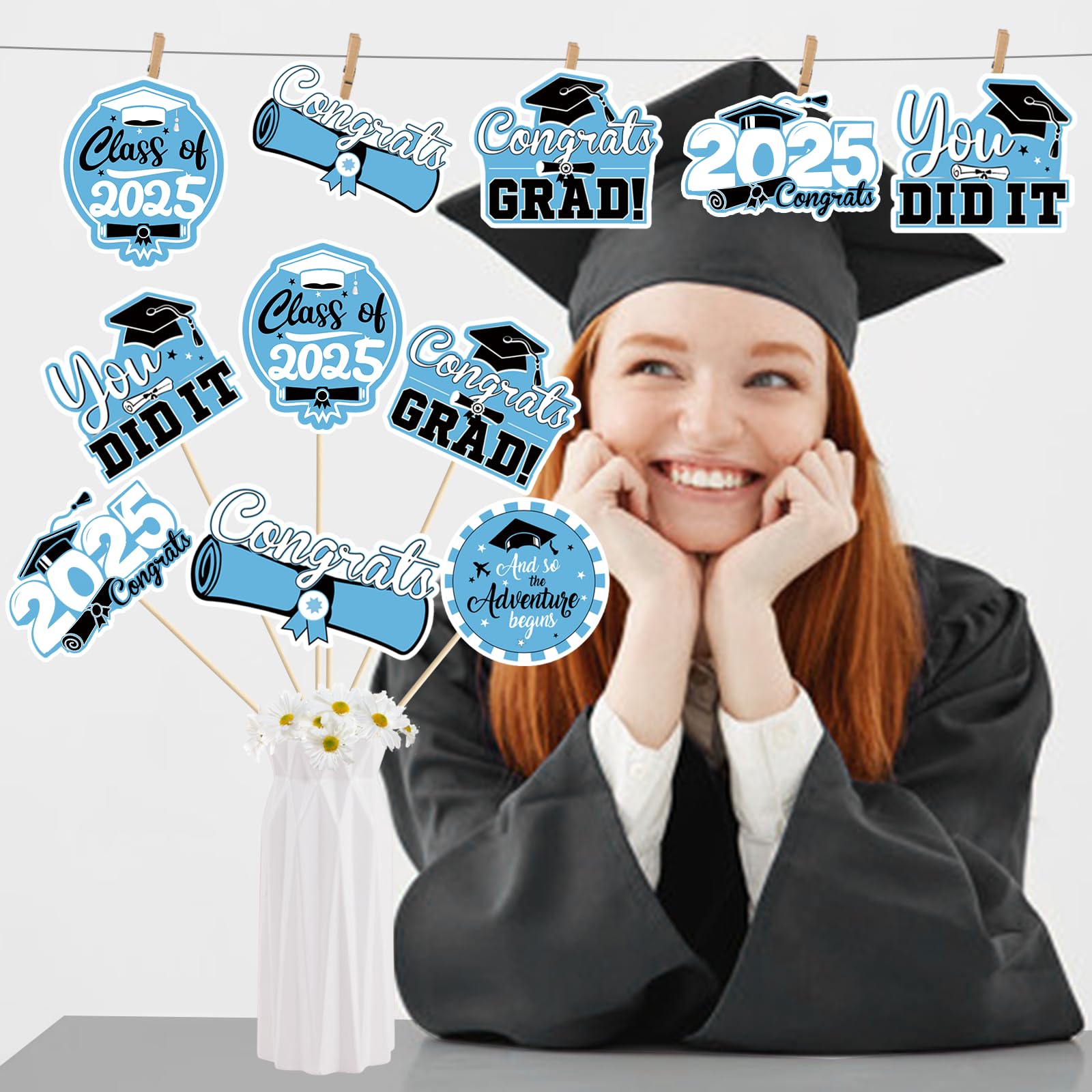 24Pcs Light Blue Graduation Table Centerpieces - Class of 2025 Graduation Party Decorations for Tables, Commencement Ceremony & School Celebrations