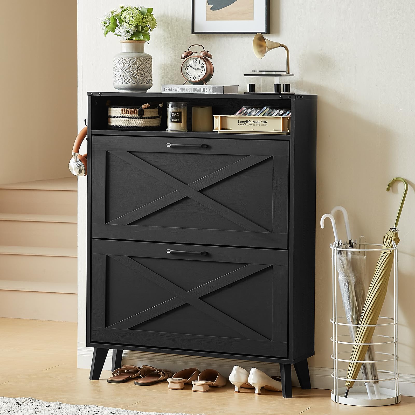 Farmhouse Shoe Storage Cabinet with 2 Flip Drawers - Narrow Entryway Organizer with Wooden Legs & Open Storage - Free Standing Closet for Foyer, Hallway, Bedroom - Perfect for Small Spaces & Home Organization (Black)