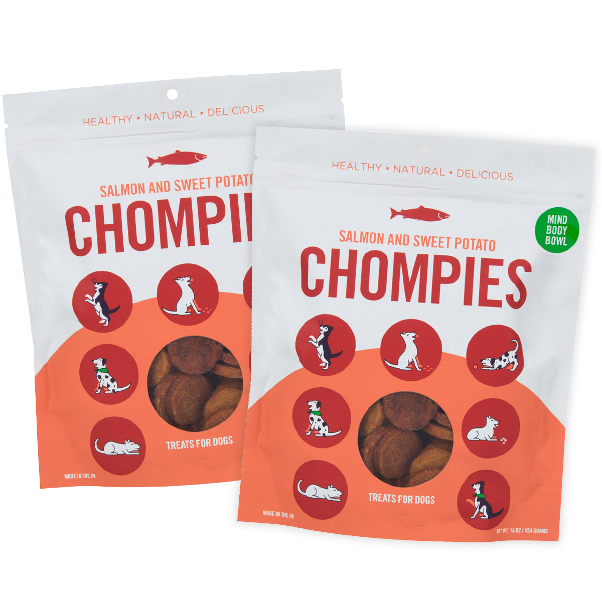 Premium MIND BODY BOWL Chompies Salmon & Sweet Potato Dog Treats - 2 Pack, Grain-Free, All-Natural Soft Chews for Small & Large Dogs - Perfect for Training Rewards, Dental Health & Digestive Support