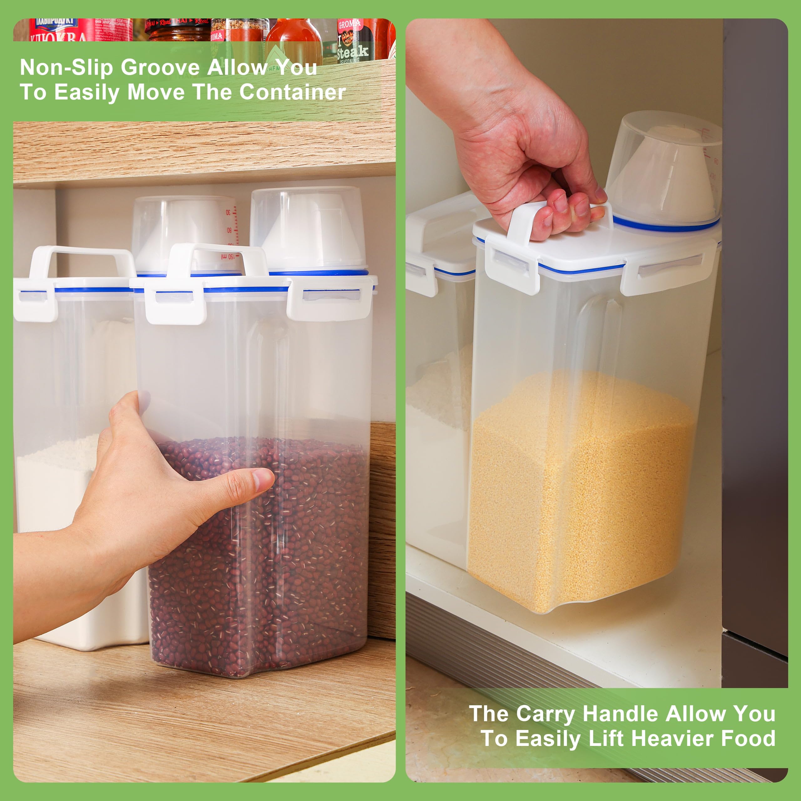 2-Piece Rice Dispenser Set - 10 lbs Airtight Plastic Storage Containers with Measuring Cup & Pour Spout for Rice, Cereal, Grain, Flour, Sugar, Oatmeal & Dry Pet Food - Perfect for Kitchen Pantry Organization & Bulk Food Storage