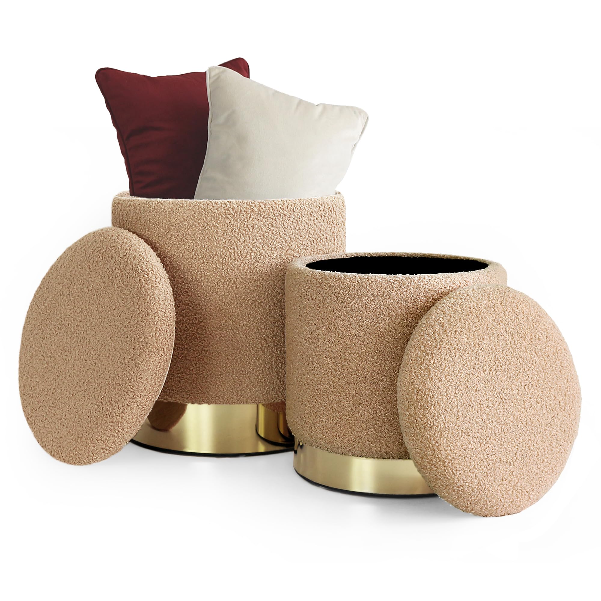 INSPI DECOR Set of 2 Round Storage Ottomans - Soft Teddy Fabric with Gold & Brown Finish, Multi-Purpose Footrest & Seat with Hidden Storage | Perfect for Living Room, Bedroom & Nursery Organization