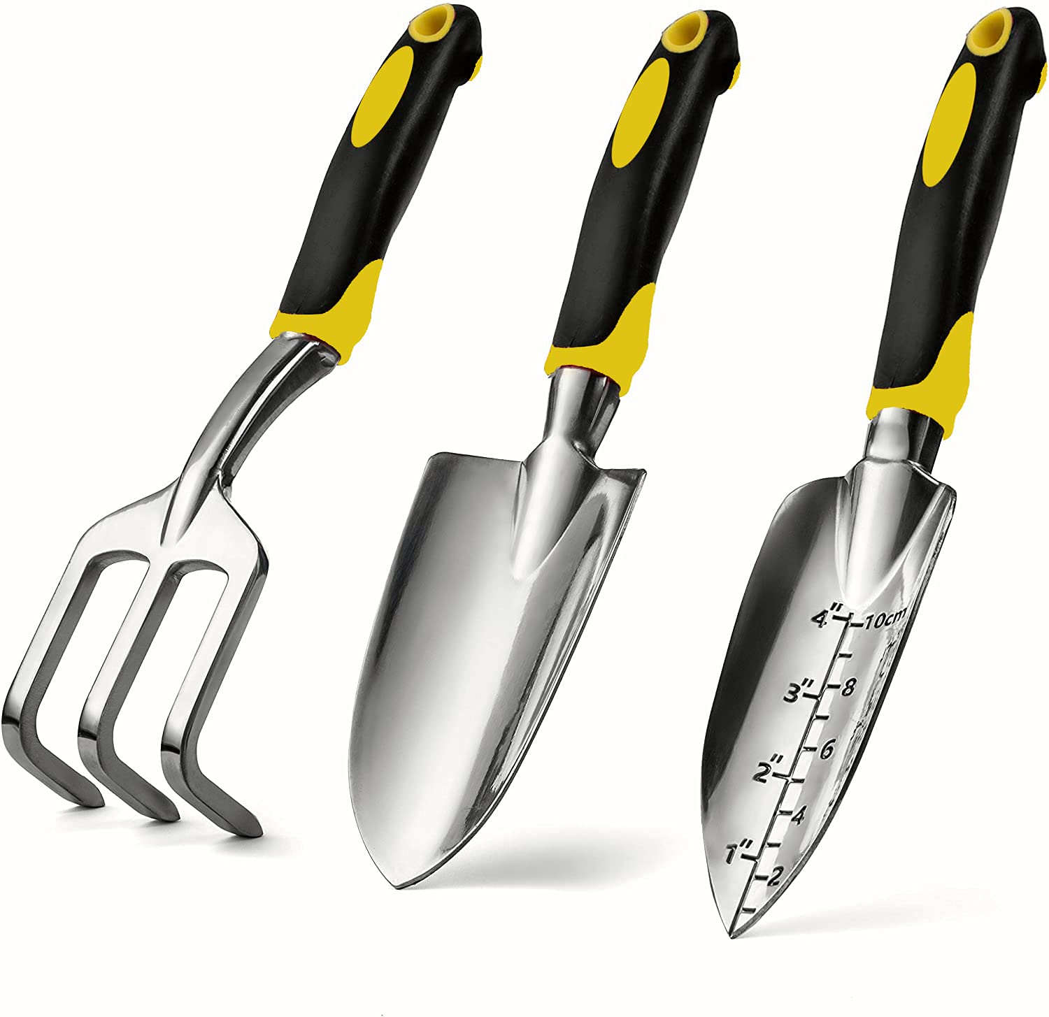Premium 3-Piece Garden Tool Set - Aluminum Alloy Hand Trowel, Transplanting Trowel & Cultivator for Digging, Planting & Weeding | Durable Gardening Supplies with Ergonomic Handle (Yellow) | Ideal for Home Gardens, Flower Beds & Container Planting