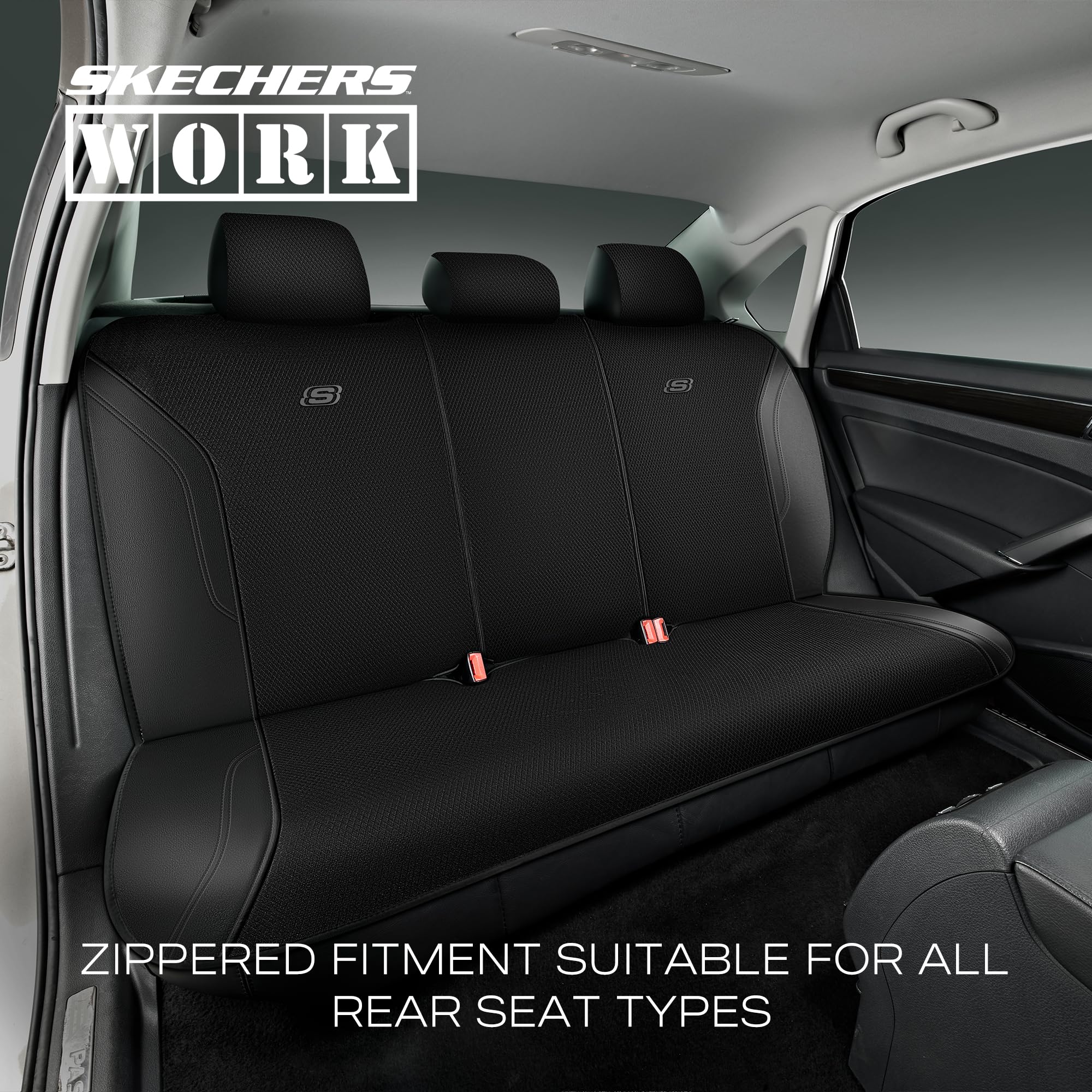 Skechers Work Car Seat Covers - Premium Leather & Oxford Fabric Auto Seat Protectors (Black Full Set) | 5X Stronger Webbing, Airbag Safe | Universal Fit for Cars, Trucks & SUVs | Perfect for Work Commutes, Road Trips & Family Protection