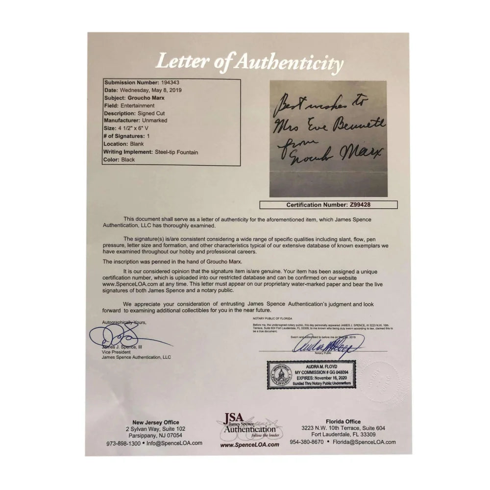 Authentic Groucho Marx Signed Album Page with JSA COA - Rare Chico, Harpo & Zeppo Marx Brothers Autograph Cut - Perfect for Memorabilia Collectors & Classic Comedy Fans