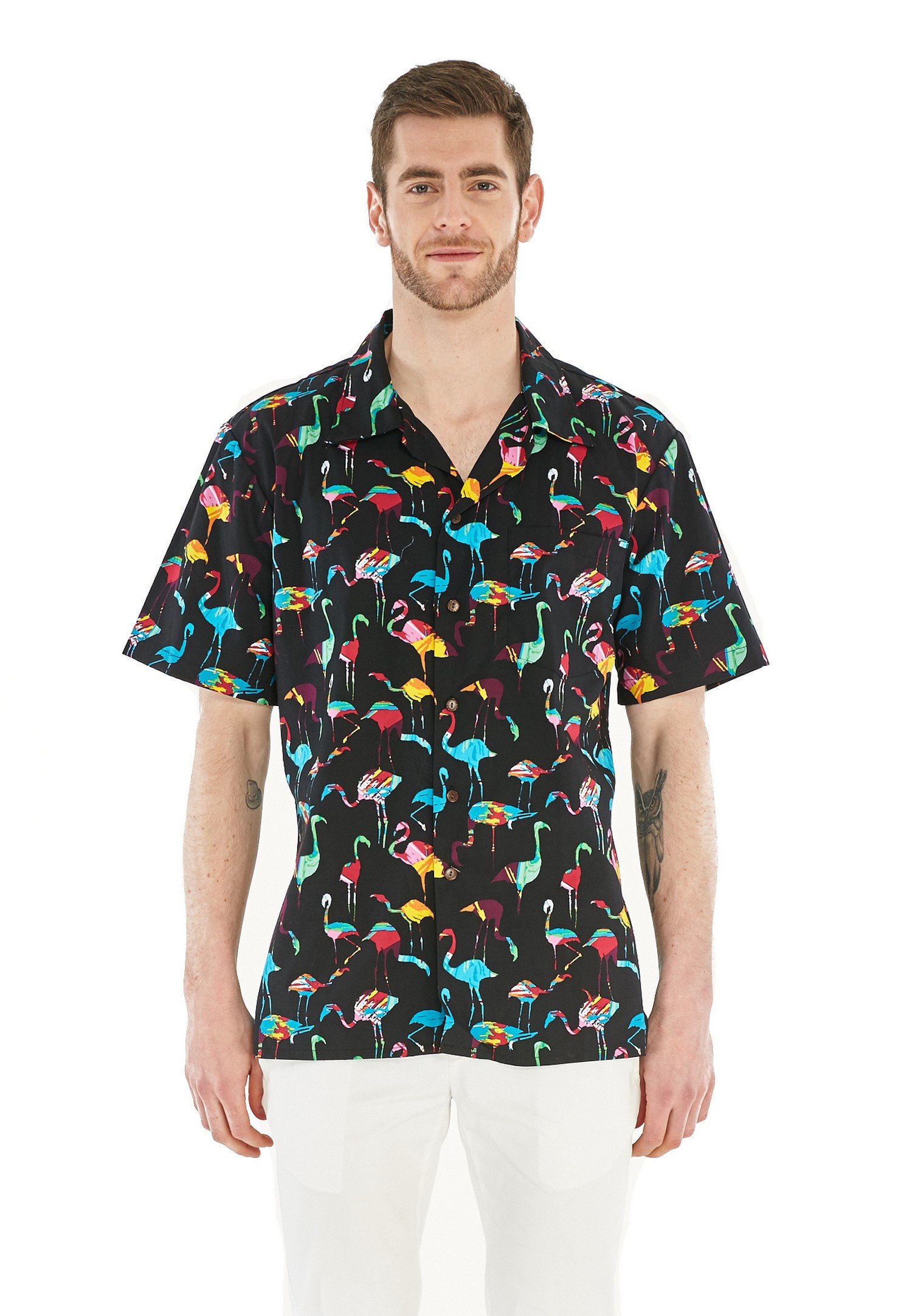 Couple Matching Hawaiian Luau Cruise Christmas Outfit - Tropical Flamingo in Love Shirt & Dress Set for Beach Vacation, Party & Holiday Photos