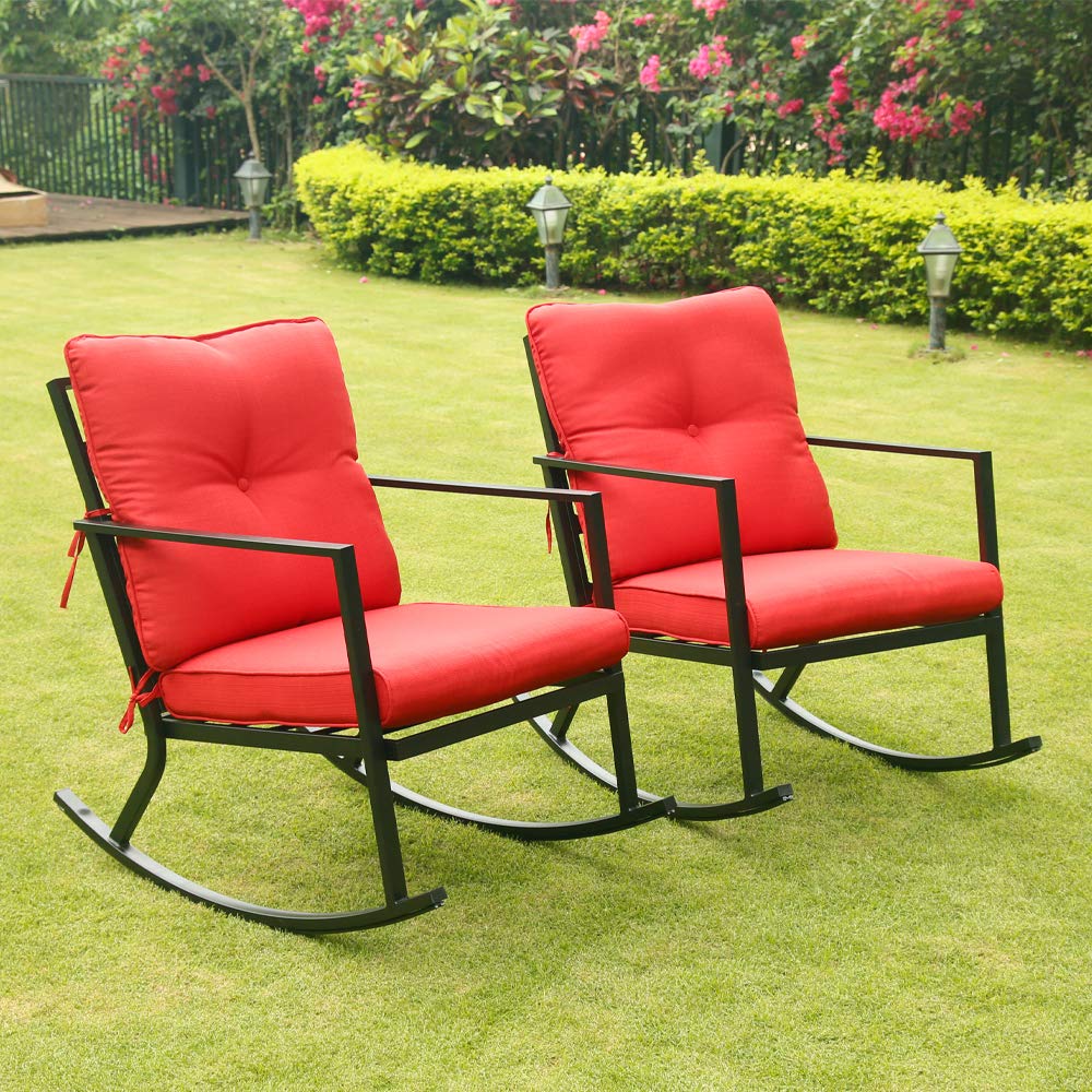 BALI OUTDOORS 2-Piece Patio Rocking Chair Set with Thick Red Cushions & Black Steel Frame - Modern Outdoor Rocker Furniture for Garden, Porch, Backyard Relaxation