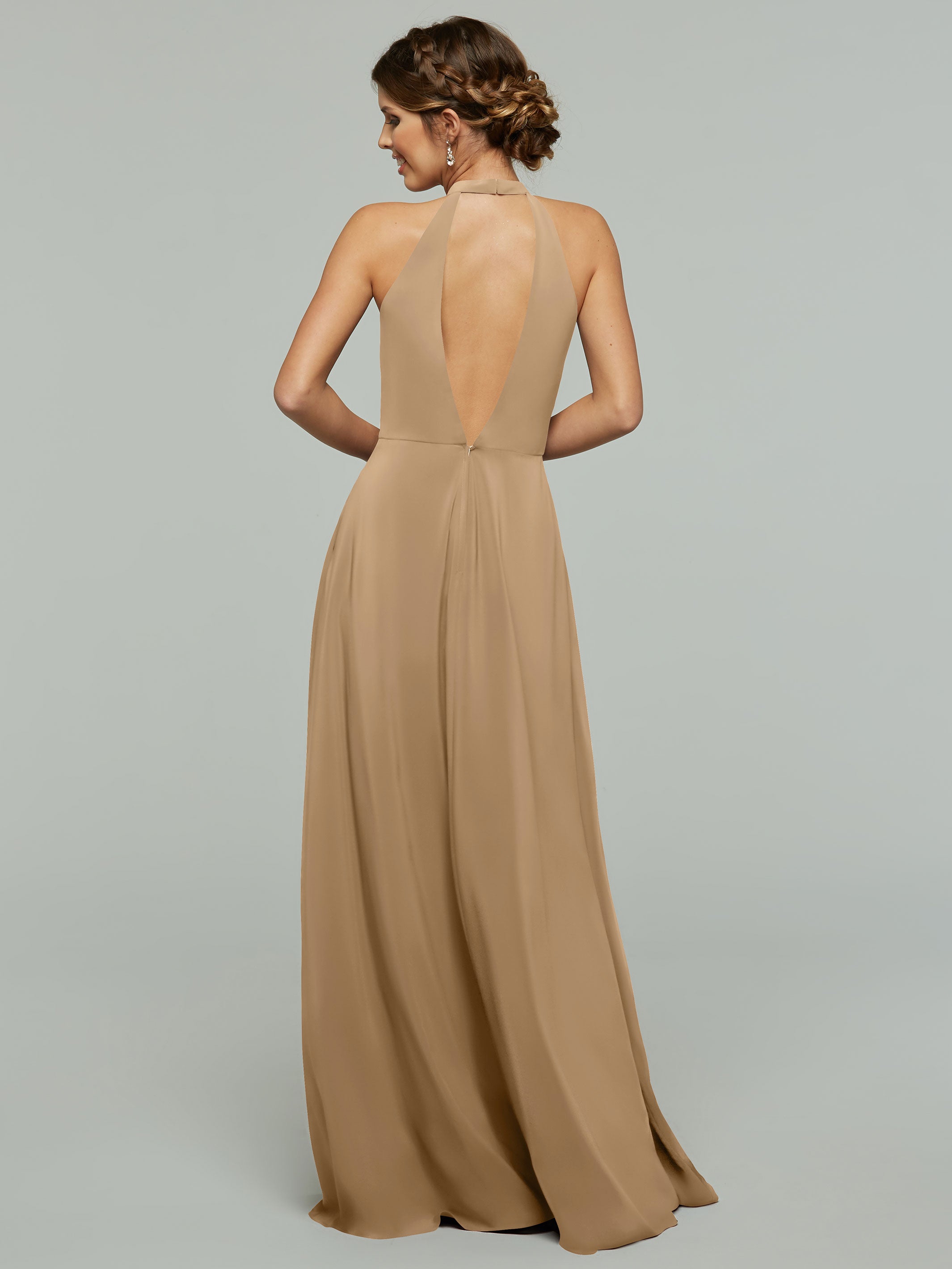 Elegant 80115 Stretch Chiffon A-Line Bridesmaid Dress with Plunging Halter Neckline - Perfect for Weddings, Formal Events & Evening Parties